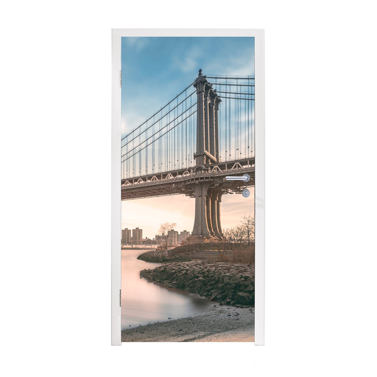 MuchoWow Türtapete New York - Fluss - Brücke, Matt, bedruckt, (1 St), Fototapete für Tür, Türaufkleber, 75x205 cm