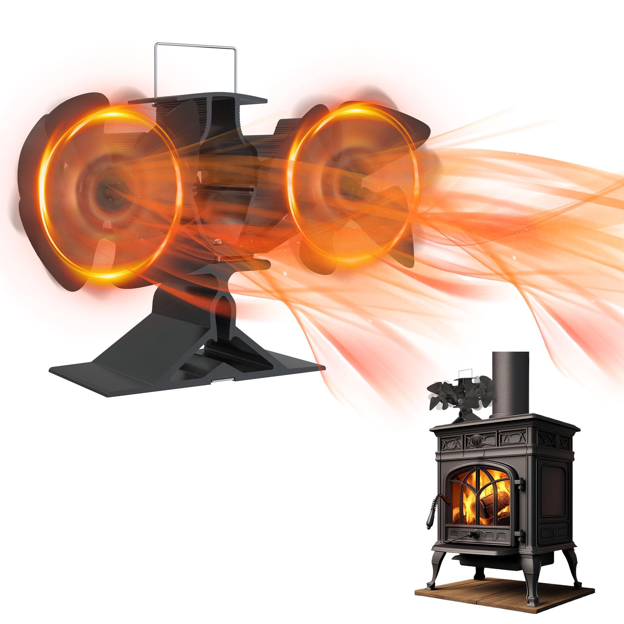 FIVMEN Kaminventilator 8 Blätter Mit 2 Motoren Kaminventilator Ofenventilator Ohne Strom, für Kaminofen/Kamin/Ofen/Holz, Ofenventilator Doppelt