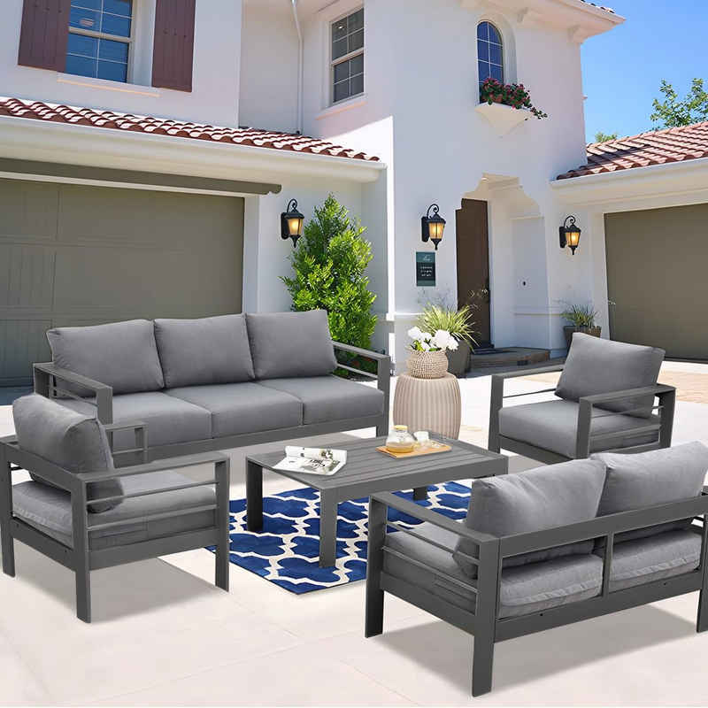 MeXo Loungeset Alu-Gartenmöbel Set S9519 für 6-7 Personen, Gartenlounge Sitzgruppe wetterfest mit Kaffeetisch Outdoor Indoor