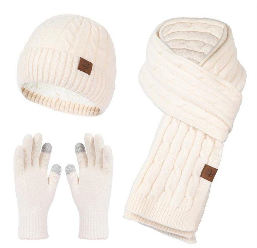 Mützenset, Dreiteiliges Set Mütze weiß Handschuhe Plüsch Warm & Schal Rouemi Kalt Schal Mütze