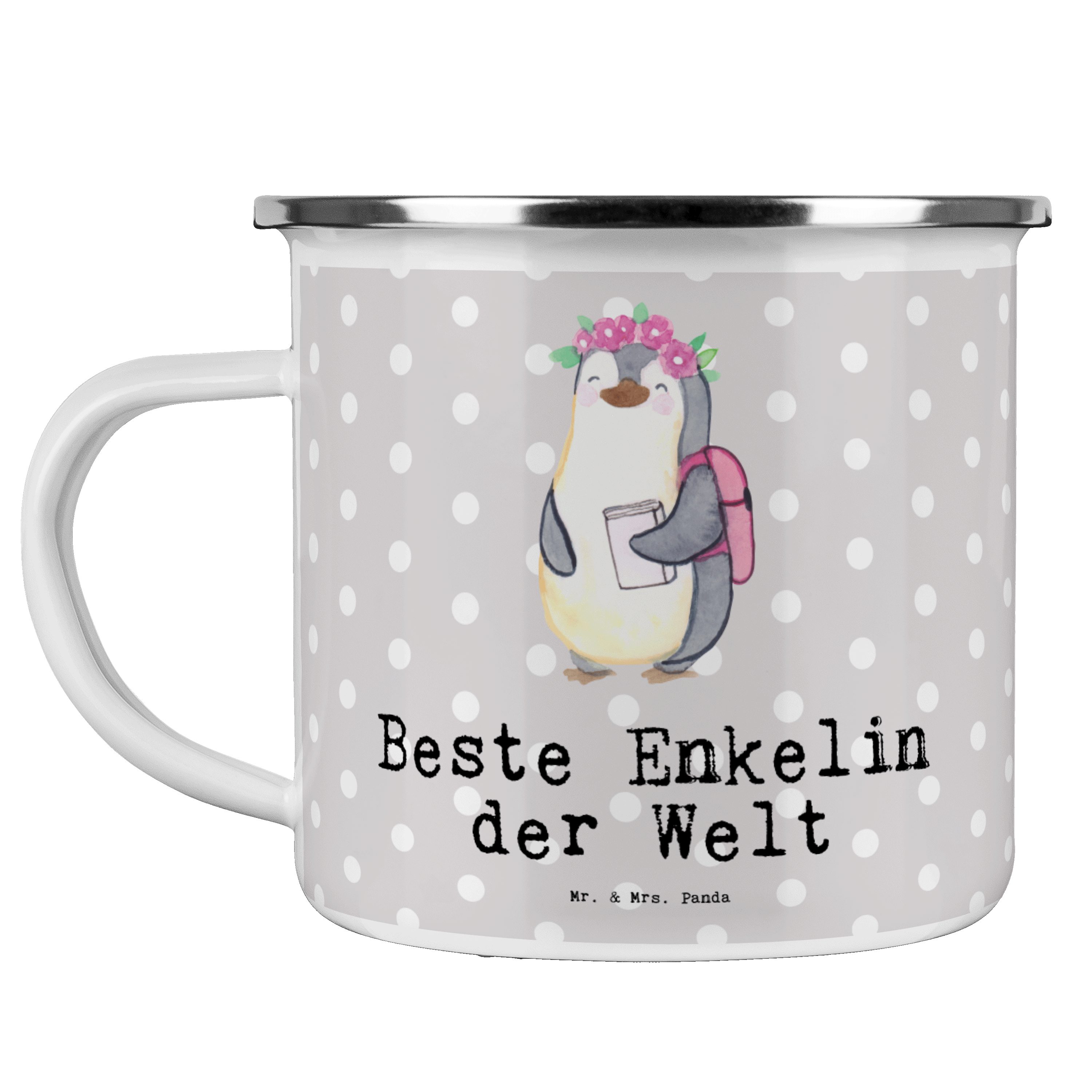Mr. & Mrs. Panda Becher Pinguin Beste Enkelin der Welt - Grau Pastell - Geschenk, Mitbringsel, Emaille