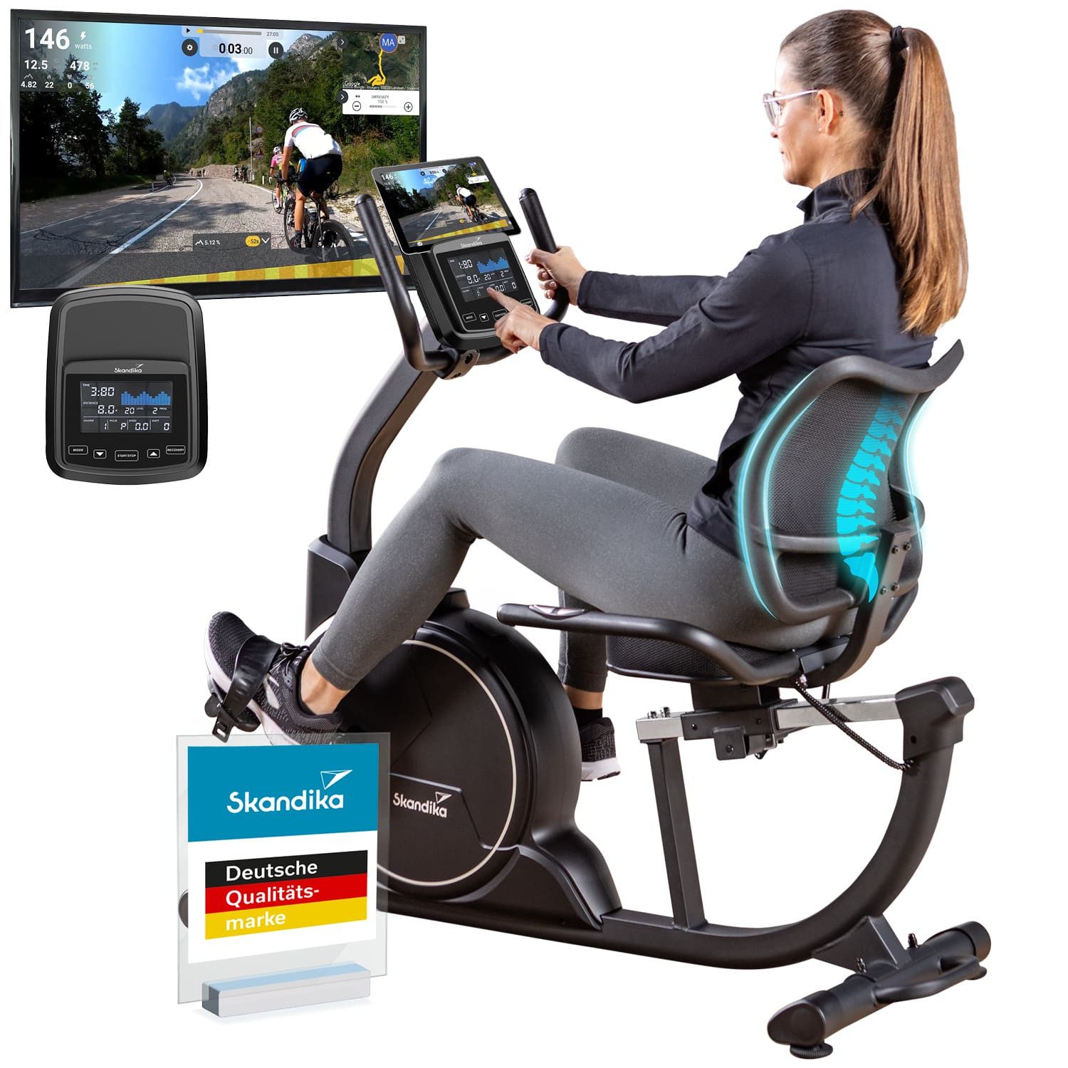 Skandika Heimtrainer Liegeergometer Cykling P8 Comfort, mit LCD Display, Magnetbremse (Bluetooth, Schwungmassensystem 8kg, Transportrollen, Handpulssensoren), 32 Widerstandsstufen, bis 120 kg und 195 cm, Kinomap App kompatibel