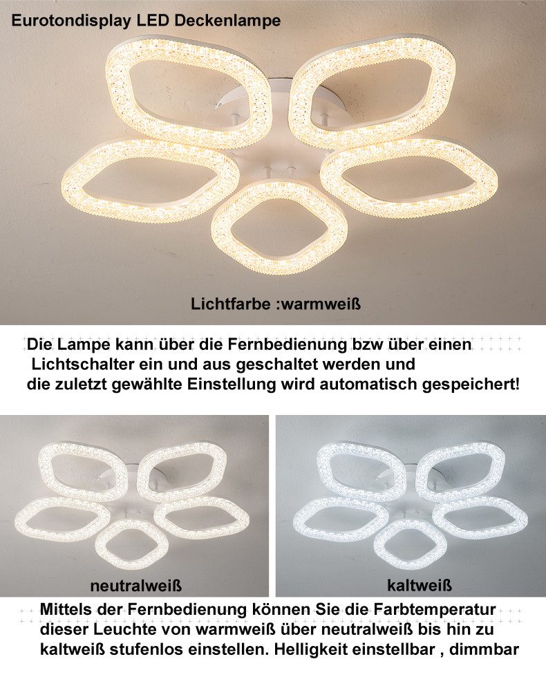 Eurohandisplay LED Deckenleuchte LED Deckenlampe XL DL Fernbedienung Lichtfarbe/Helligkeit einstellbar, LED fest integriert, Einstellbar von Warm- bis Kaltweiß, – Bild 2 von 5