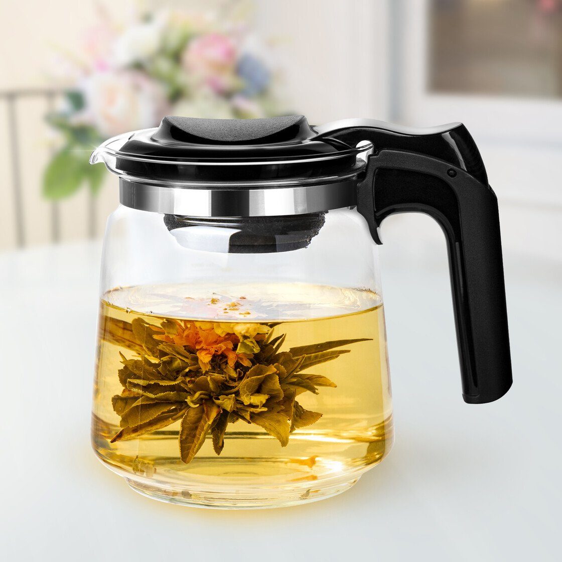 T24 Teekanne Glasteekanne mit Siebaufsatz Hitzebeständig Teesieb, 1,5 l, Edelstahlsieb & Ergonomischer Griff & Hitzeschutz – Bild 4 von 5