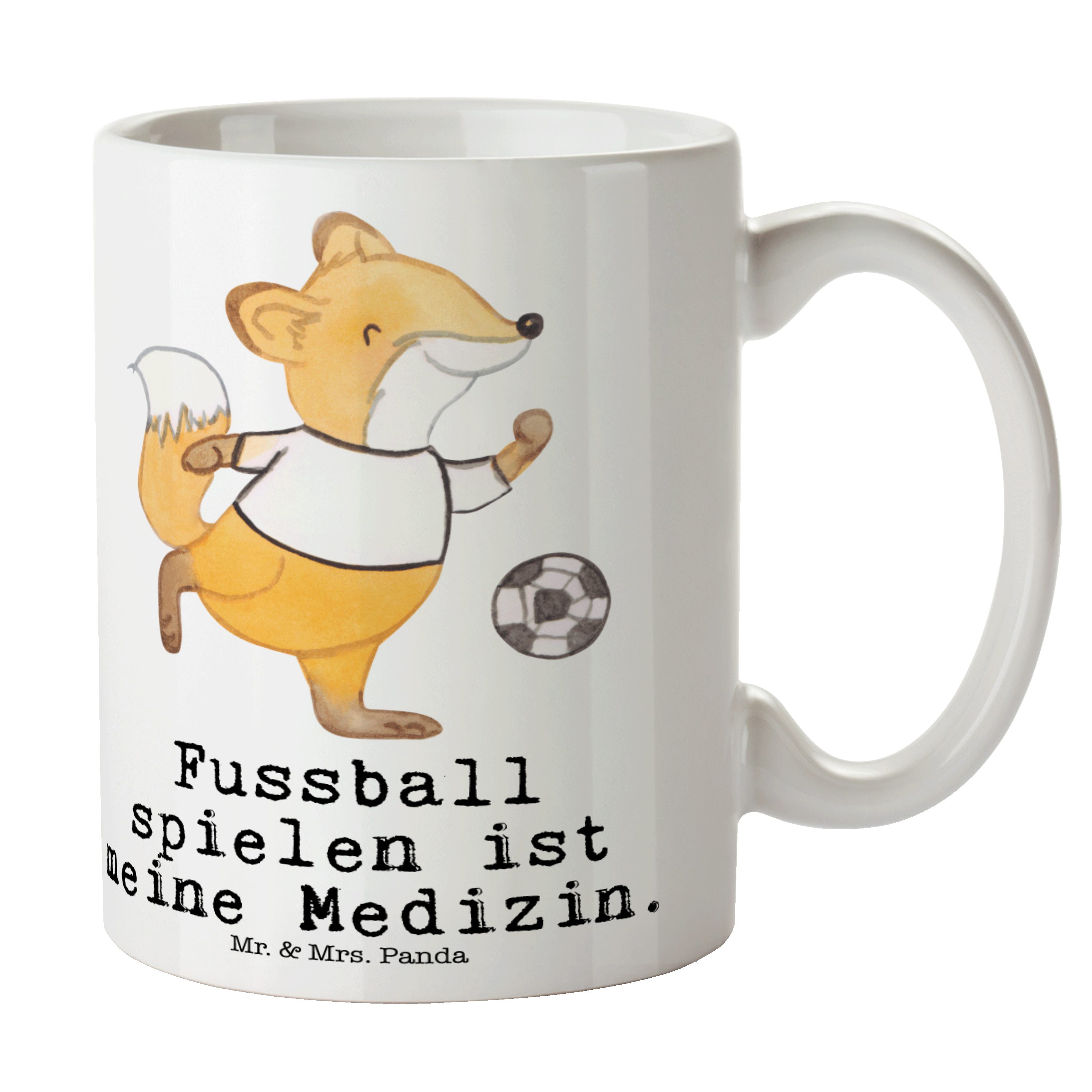 Mr. & Mrs. Panda Tasse Fuchs Fußball spielen Medizin - Weiß - Geschenk, Geschenk Tasse, Büro, Keramik