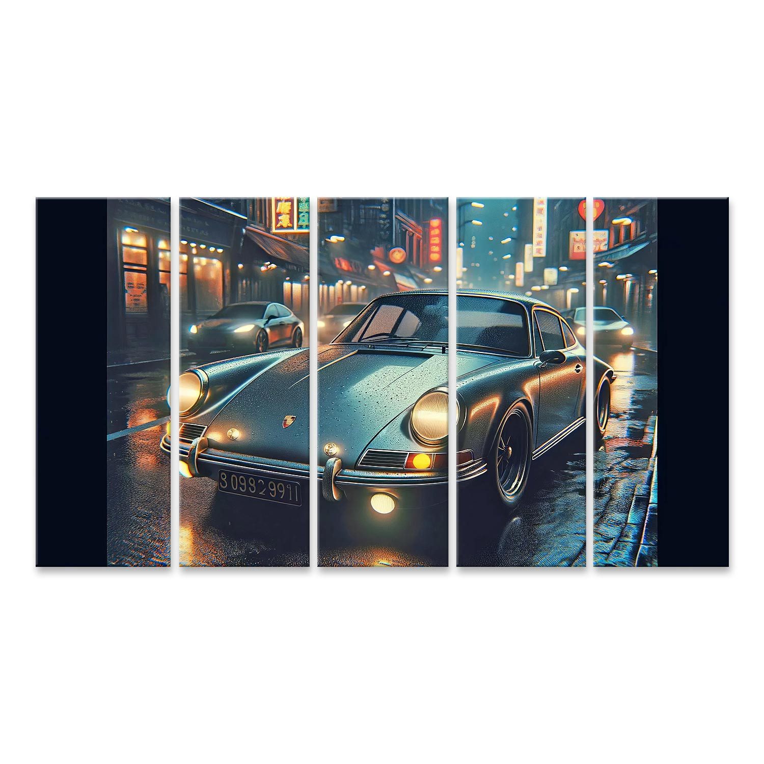 Leinwandbild Oldtimer auf nasser Straße Nacht