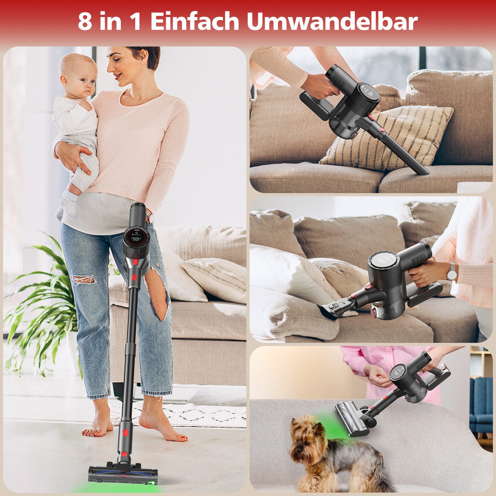 PRASKY Akku-Hand-und Stielstaubsauger 550W P1MAX Staubsauger kabellos, akkustaubsauger, Externe Akkuanzeige, 550 W, mit Beutel, 550W 65000Pa Netzteil im Lieferumfang enthalten staubsauger kabellos