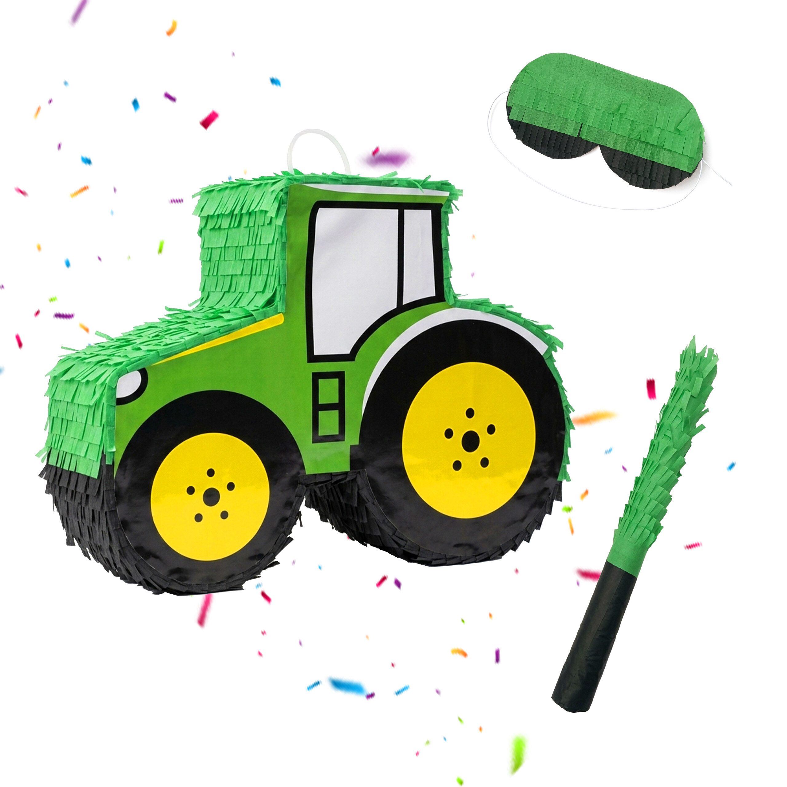 relaxdays Pinata Traktor mit Stab und Maske, Grün-Gelb