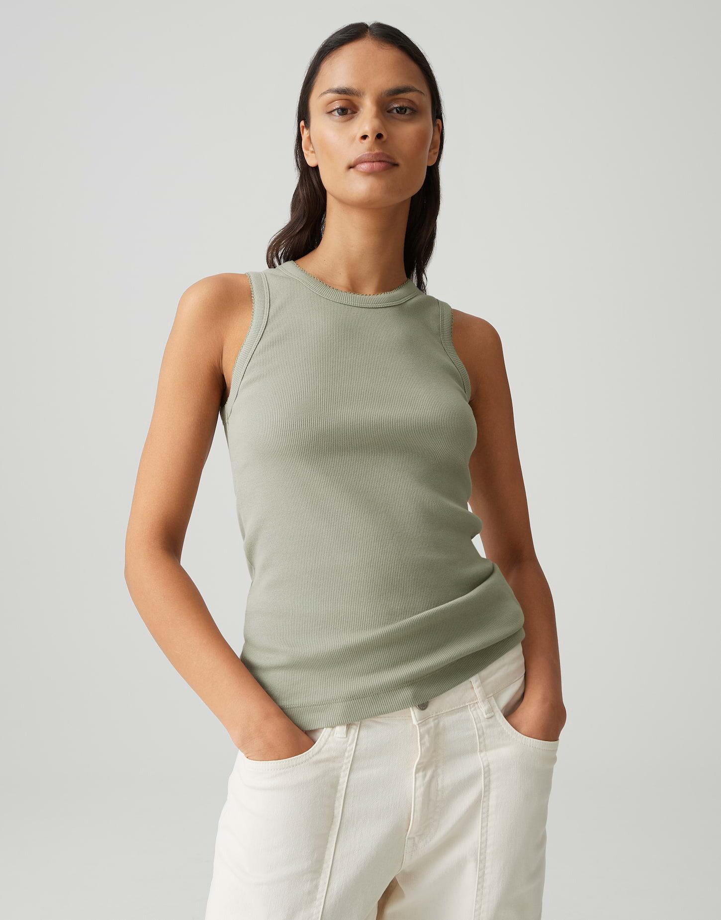 OPUS Tanktop Tanktop mit femininer Spitzenborte Schmale Passform, bogenförm günstig online kaufen