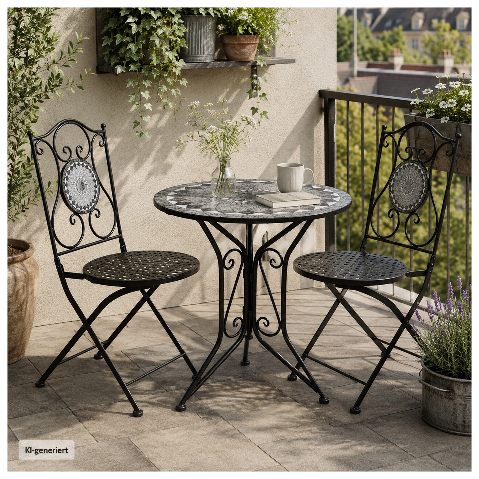 HTI-Living Garten-Essgruppe Sitzgruppe Metall Bistro Set Motiv Schiefer für Balkon und Terrasse, (Set, 3-tlg., 1 Tisch 2 Stühle), Sitzgruppe Essgruppe Balkonset
