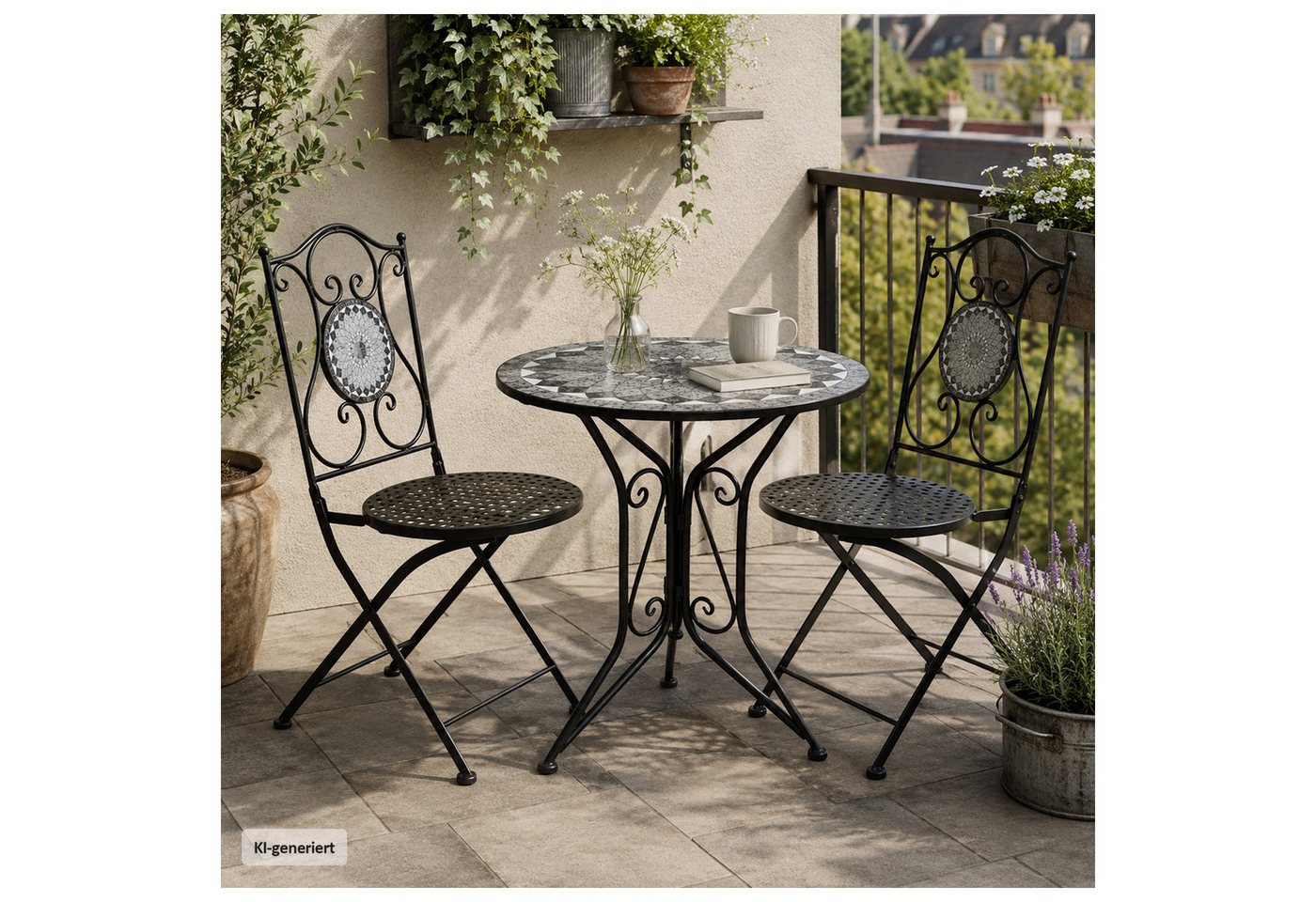 HTI-Living Garten-Essgruppe Sitzgruppe Metall Bistro Set Motiv Schiefer für Balkon und Terrasse, (Set, 3-tlg., 1 Tisch 2 Stühle), Sitzgruppe Essgruppe Balkonset