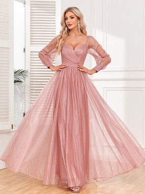 ZWY Abendkleid Elegantes, langärmliges, rückenfreies Abendkleid mit Glitzer Bodenlanges Kleid aus rosa Tüll mit Pailletten und Netzstoff