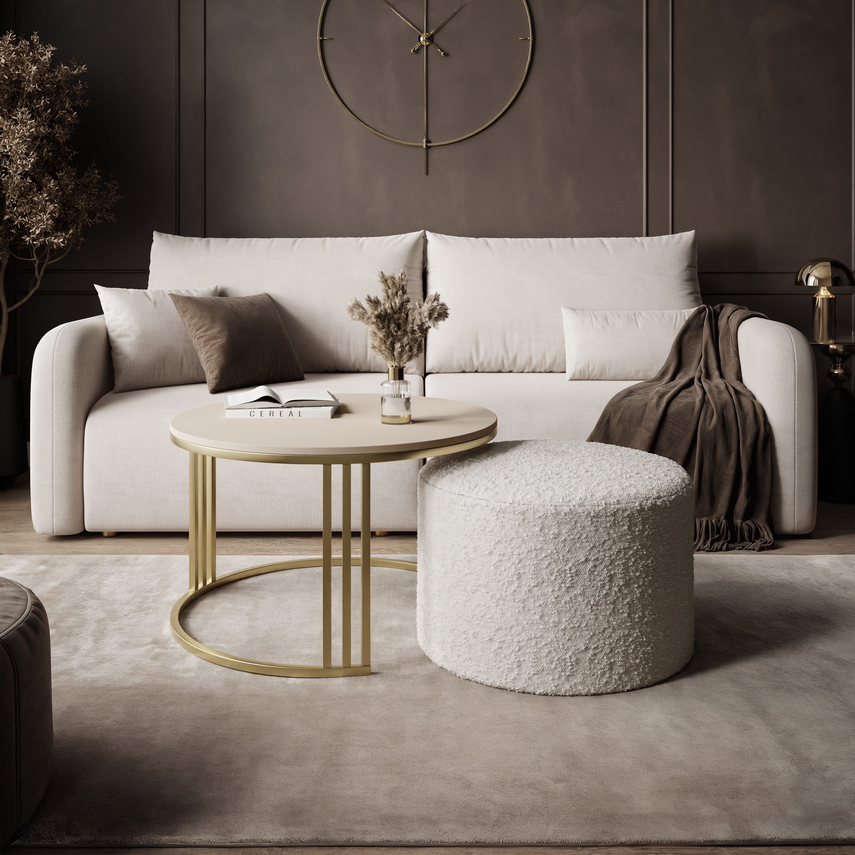 Lookway Couchtisch LORI MATT mit Hocker auf einem gebürsteten goldenen Gestell (1 Tisch mit Hocker), Durchmesser: ⌀70 cm