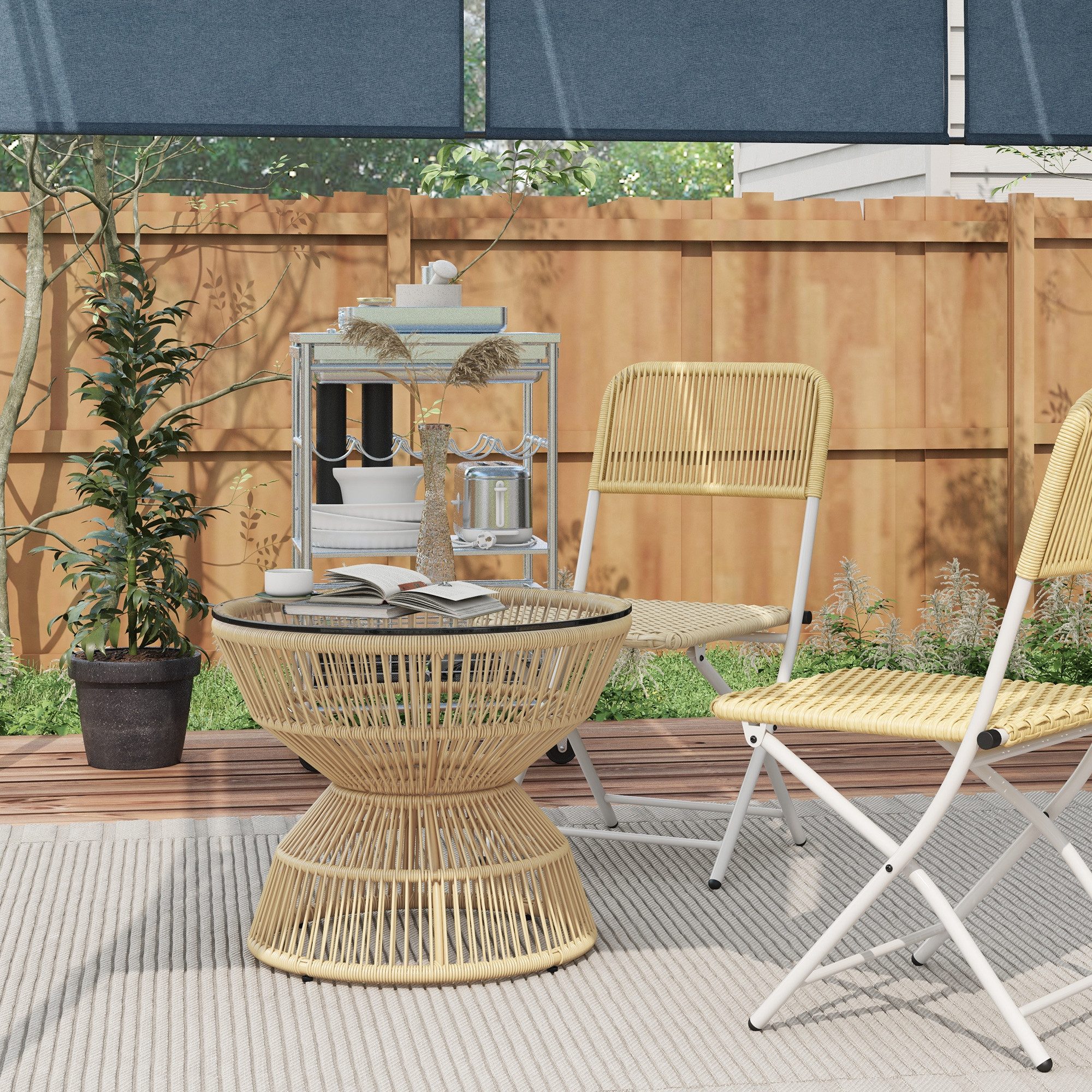 Outsunny Gartentisch Beistelltisch Rattan, Couchtisch Hartglasplatte, Boho Design (Kaffeetisch, 1-St., Balkontisch), für Garten, Balkon, Naturholz 60 x 60 x 50 cm