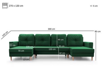 MOEBLO Wohnlandschaft CARL U, Ecksofa U-Form mit Schlaffunktion Eckcouch mit Bettkasten Sofa Couch Polsterecke U-Sofa - 300x142x90 cm, mit Bettkasten und Schlaffunktion, mit Relaxfunktion