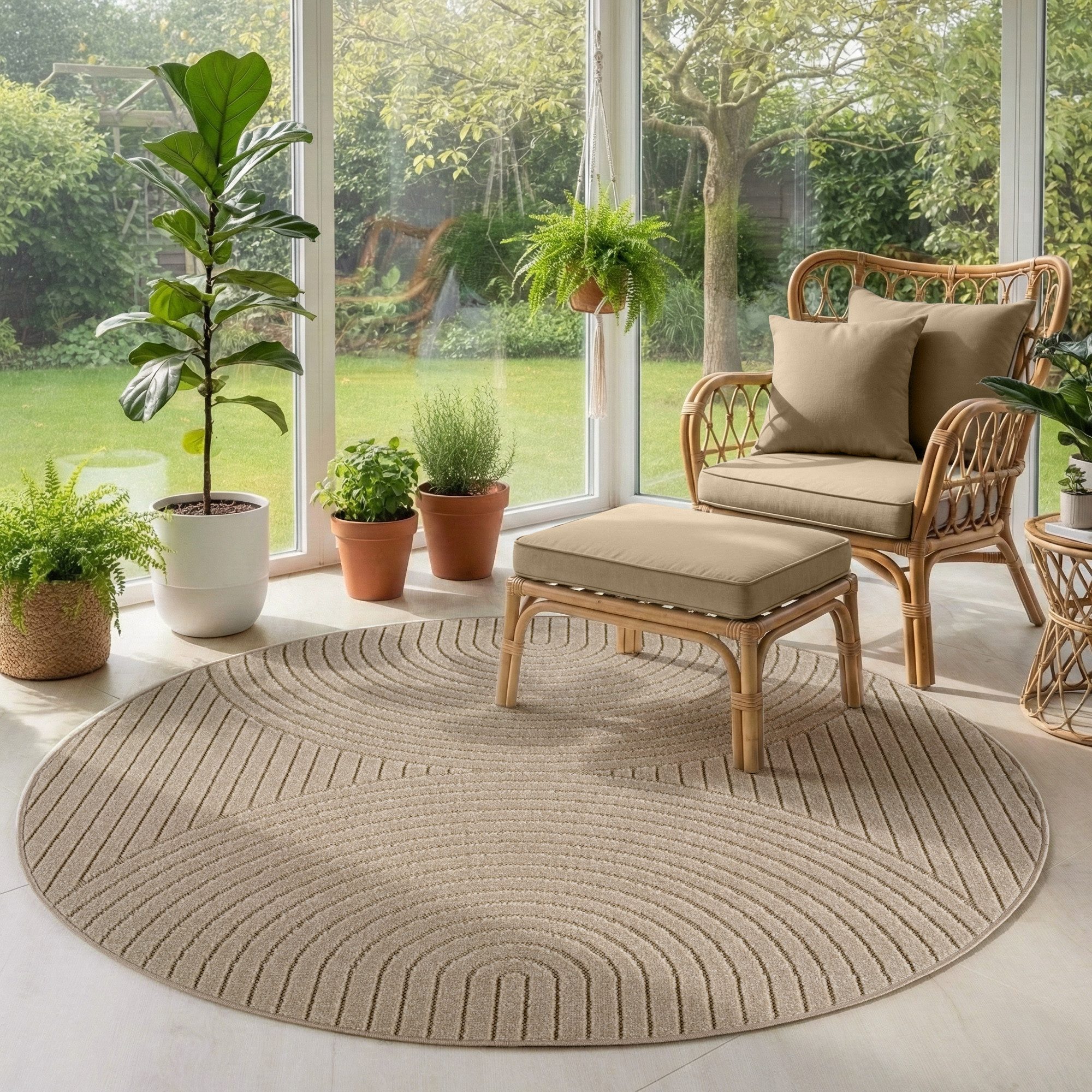 SIMPEX24 Outdoorteppich Skandinavischer 3D Design, Rund, Höhe: 5 mm, Outdoor Teppich Wetterfest Modern Wohnzimmer Küchen Terrasse Balkon