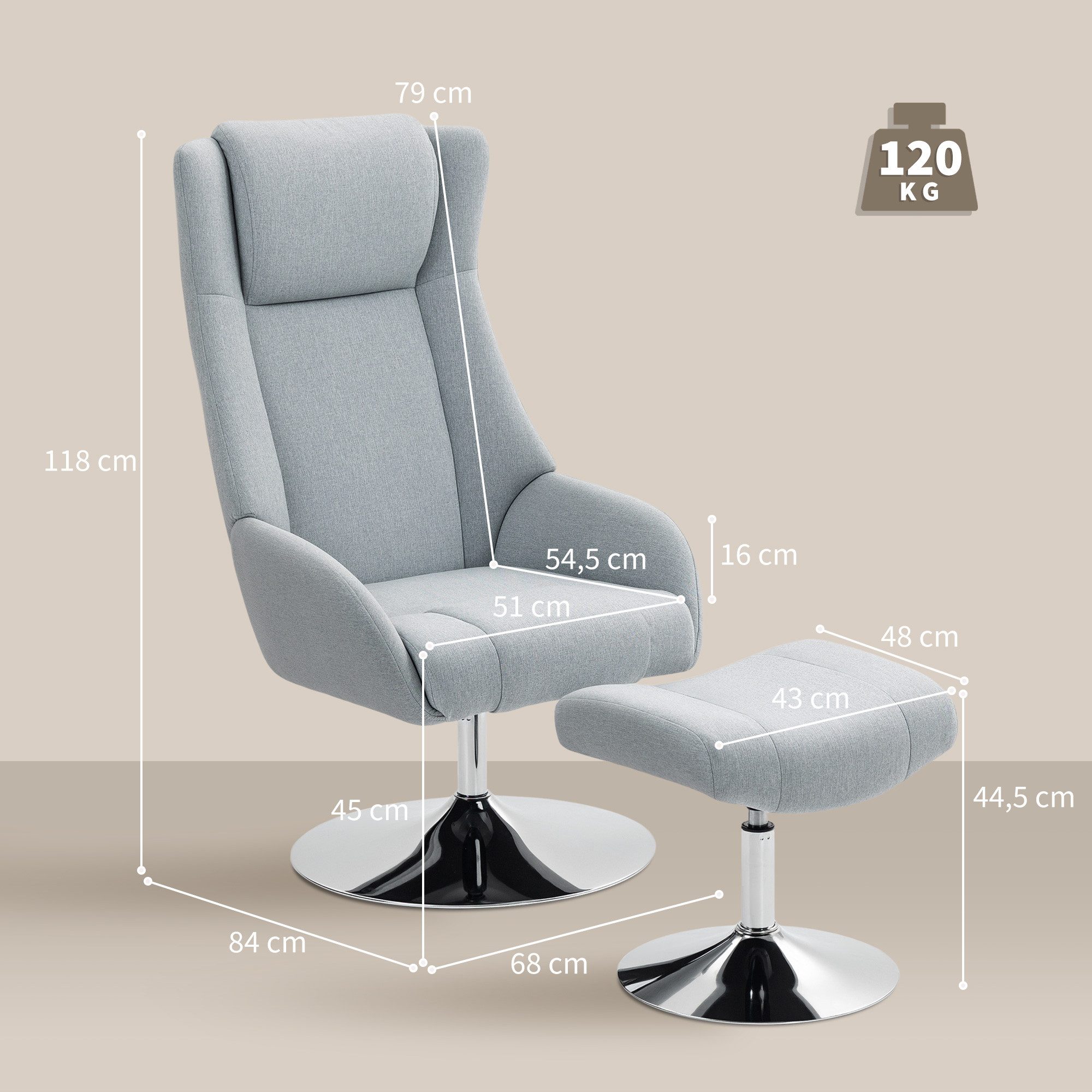 HOMCOM Relaxsessel Fernsehsessel 360°drehbar, hohe Rückenlehne, TV-Sessel Samtoptik (Loungesessel, 2-St., Armlehnstuhl), für Schlafzimmer, Wohnzimmer, Grau – Bild 3 von 5
