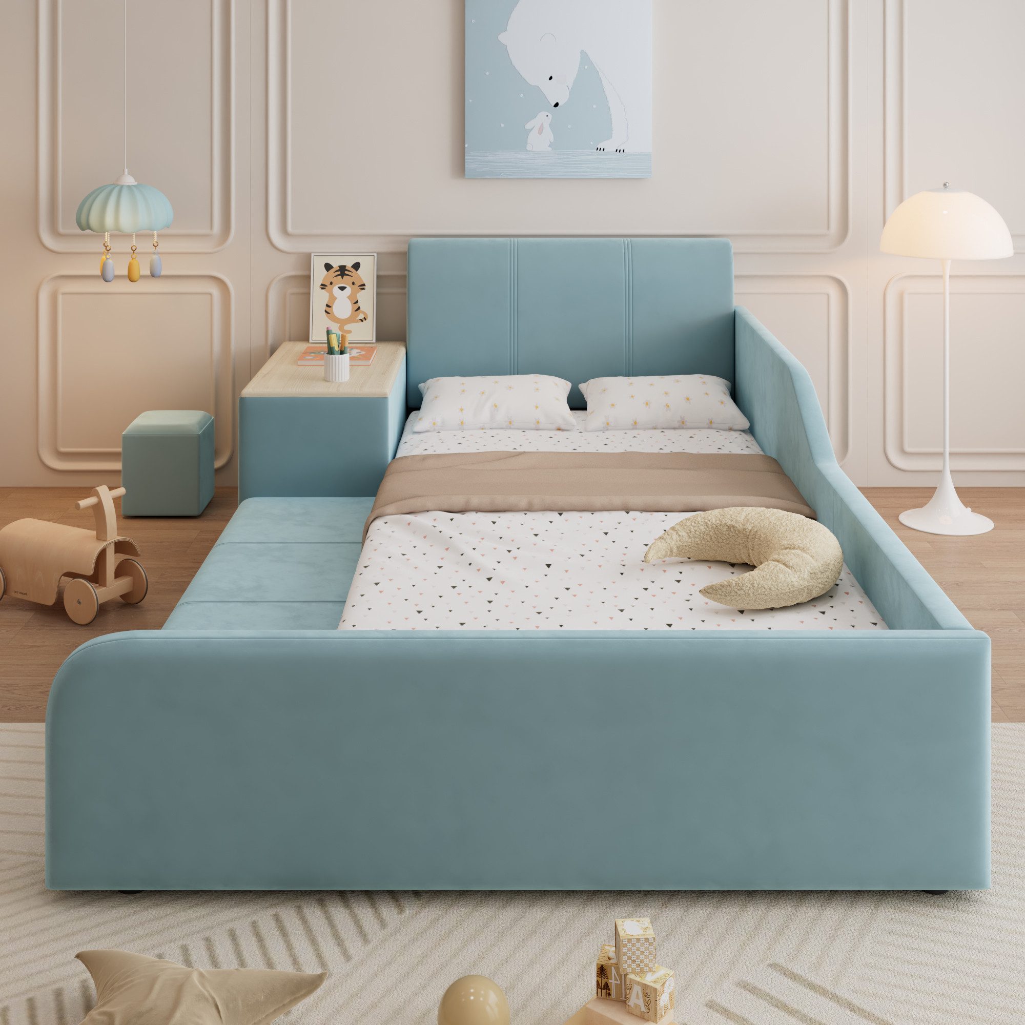 Flieks Polsterbett, Kinderbett 90x200cm mit Schreibtisch und Hocker mit Rau günstig online kaufen