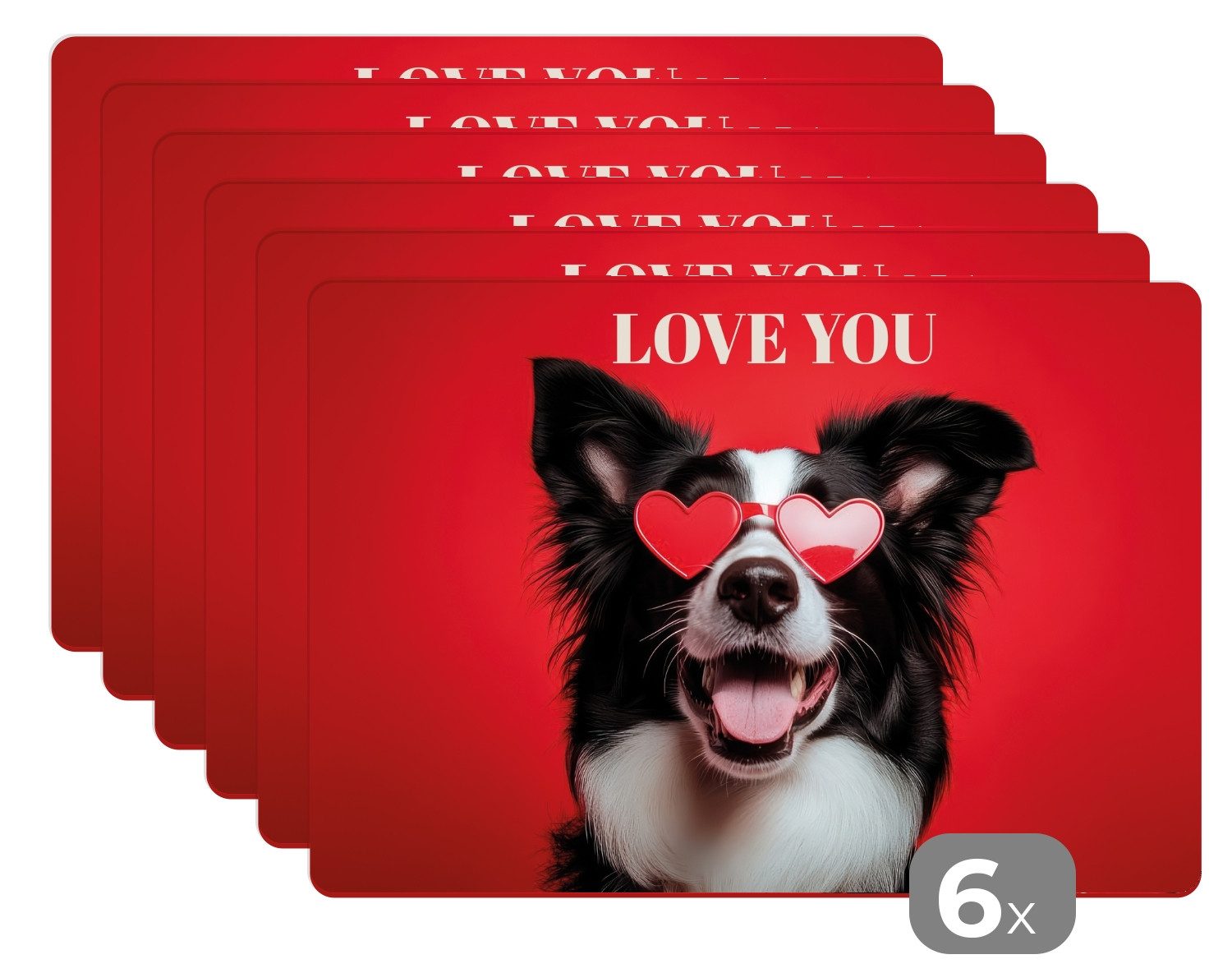 MuchoWow Platzset Hund - Herz-Brille - Loveyou - Rot, (6-St), Platzsets, Tischset, Abwaschbar, Tischsets, Platzdeckchen
