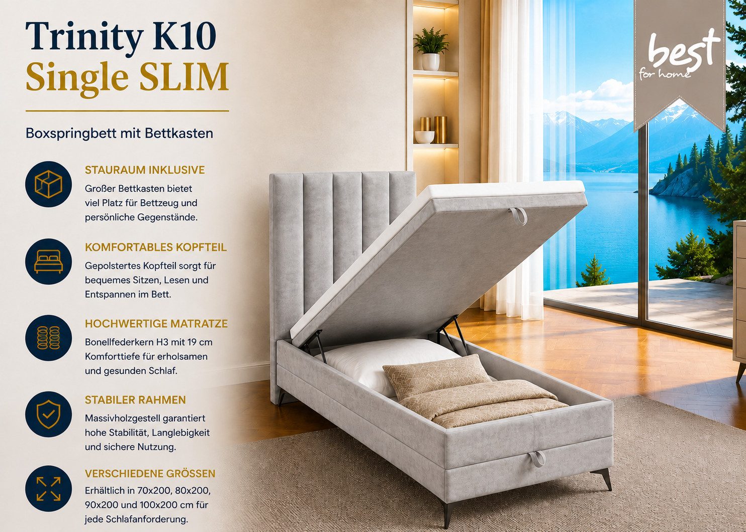 Best for Home Boxspringbett K10 Single SLIM mit Bettkasten & Bonellfederkernmatratze, Topper H3 (Einzelbett, Polsterbett, Kinderbett, Juniorbett, Hotelbett, 70x200 80x200 90x200 100x200 cm), mit oder ohne Topper, Flexible Liefermöglichkeiten, Handwerksqualität