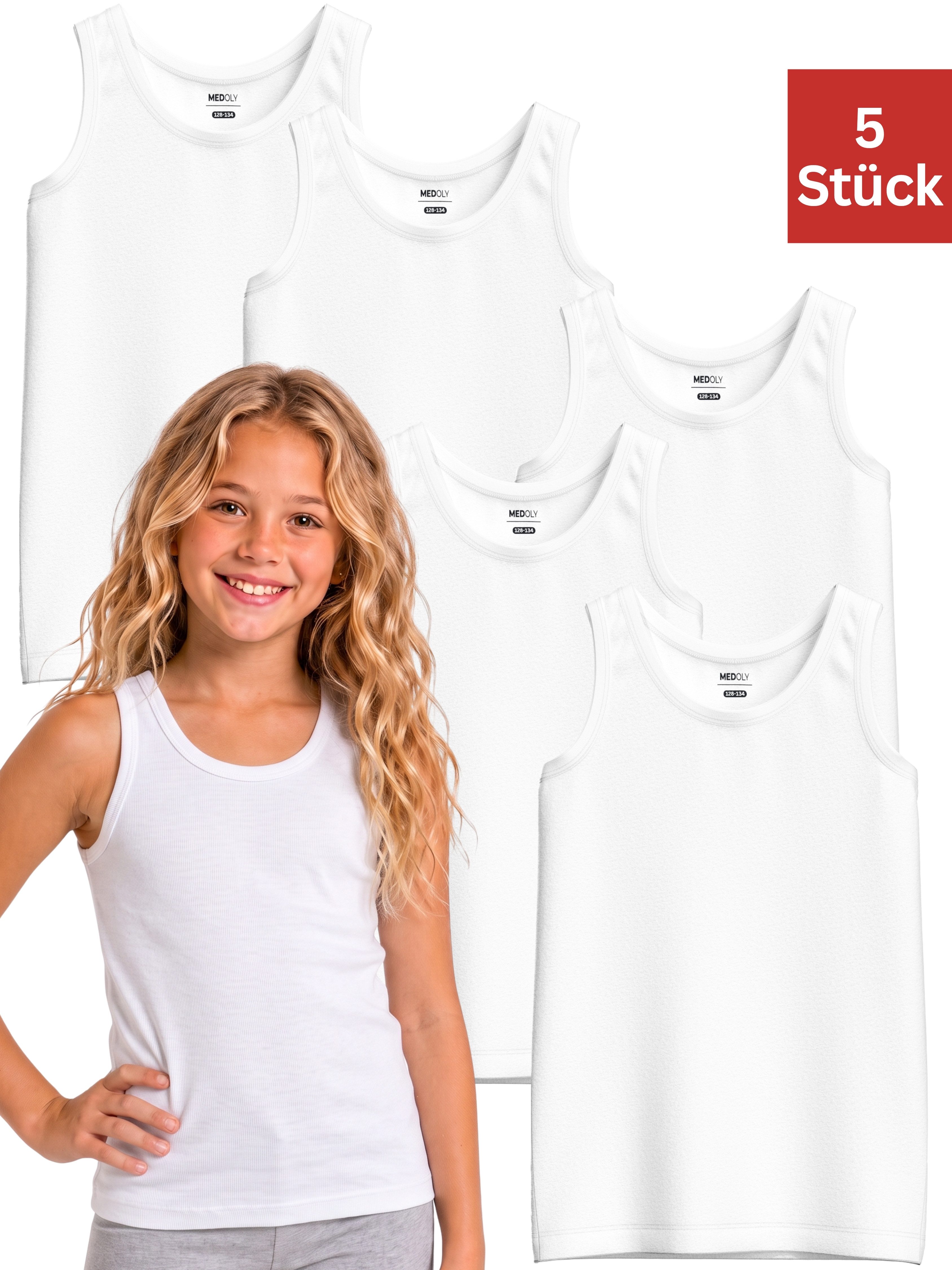 MEDOLY Unterhemd für Mädchen (5-Pack) aus 100% Baumwolle, Tanktop, Wäsche für Kinder aus hochwertiger 100% Baumwolle, ohne kratzendes Nackenetikett