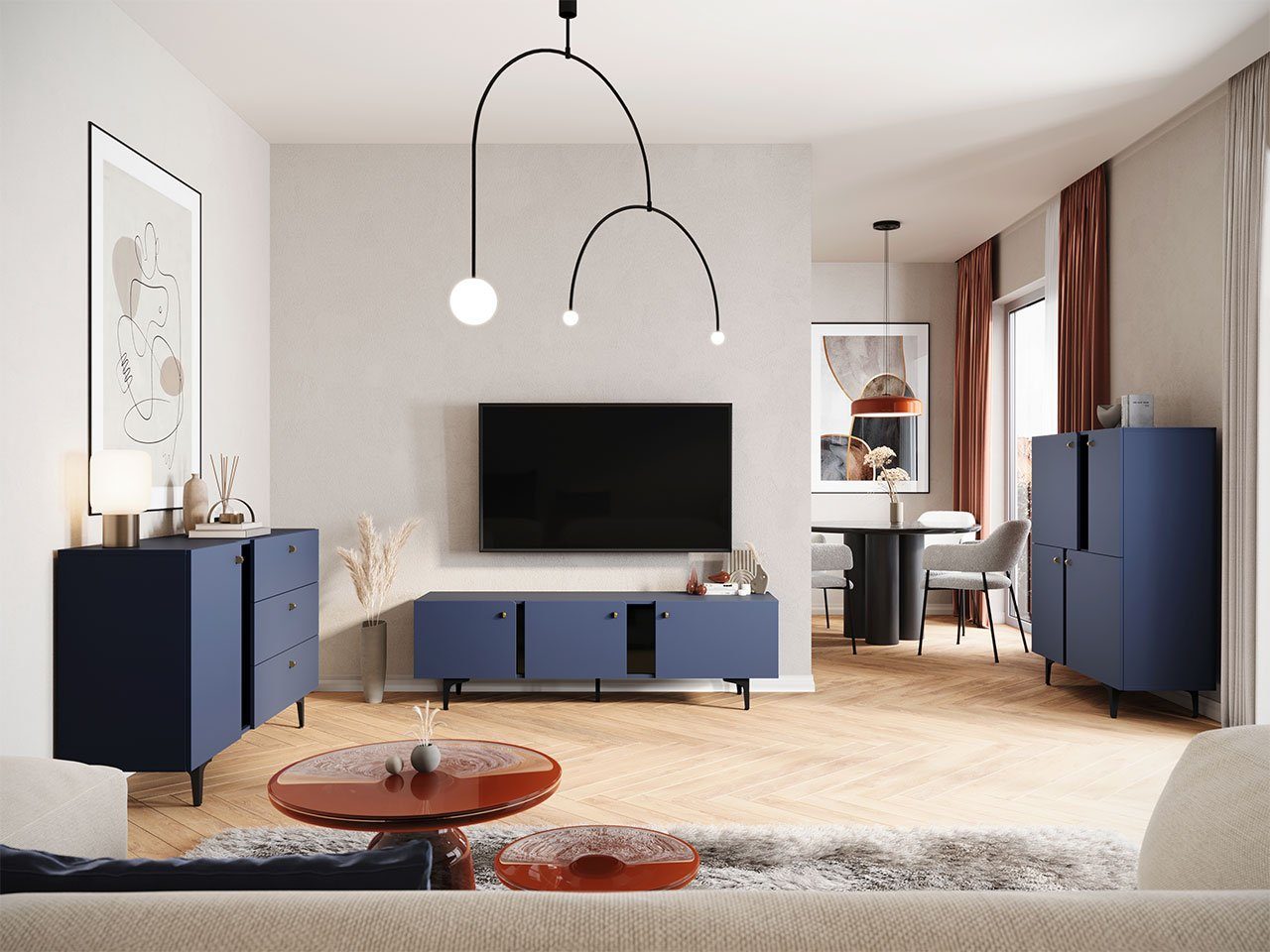 MIRJAN24 Wohnzimmer-Set Colours II, (Komplett-Set, Türkommode, Kombikommode, TV-Lowboard), Füße und Griffe aus Metall Marineblau
