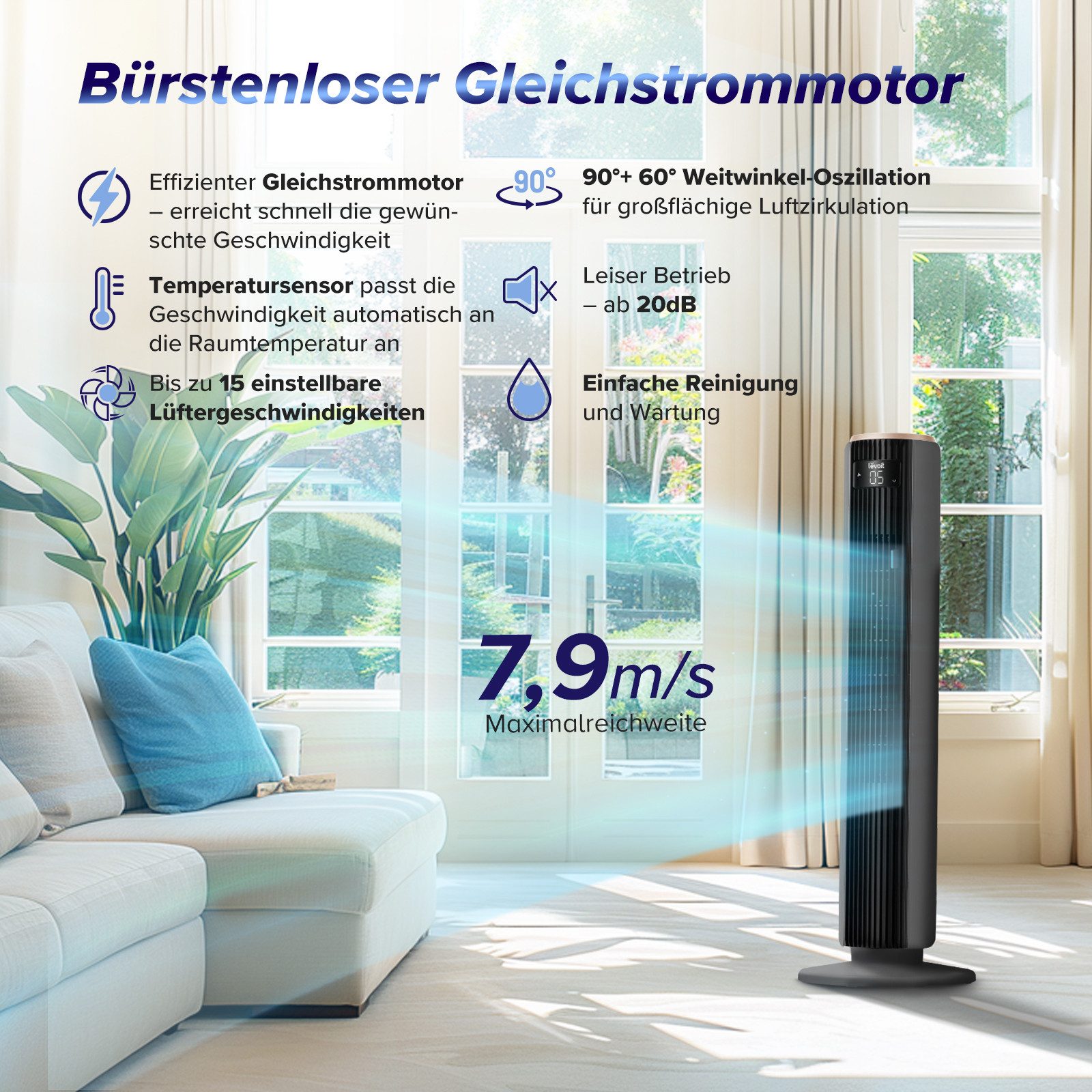Levoit Turmventilator Tempsense 36 DC, mit Fernbedienung, oszillierend, 15 Lüftergeschwindigkeiten