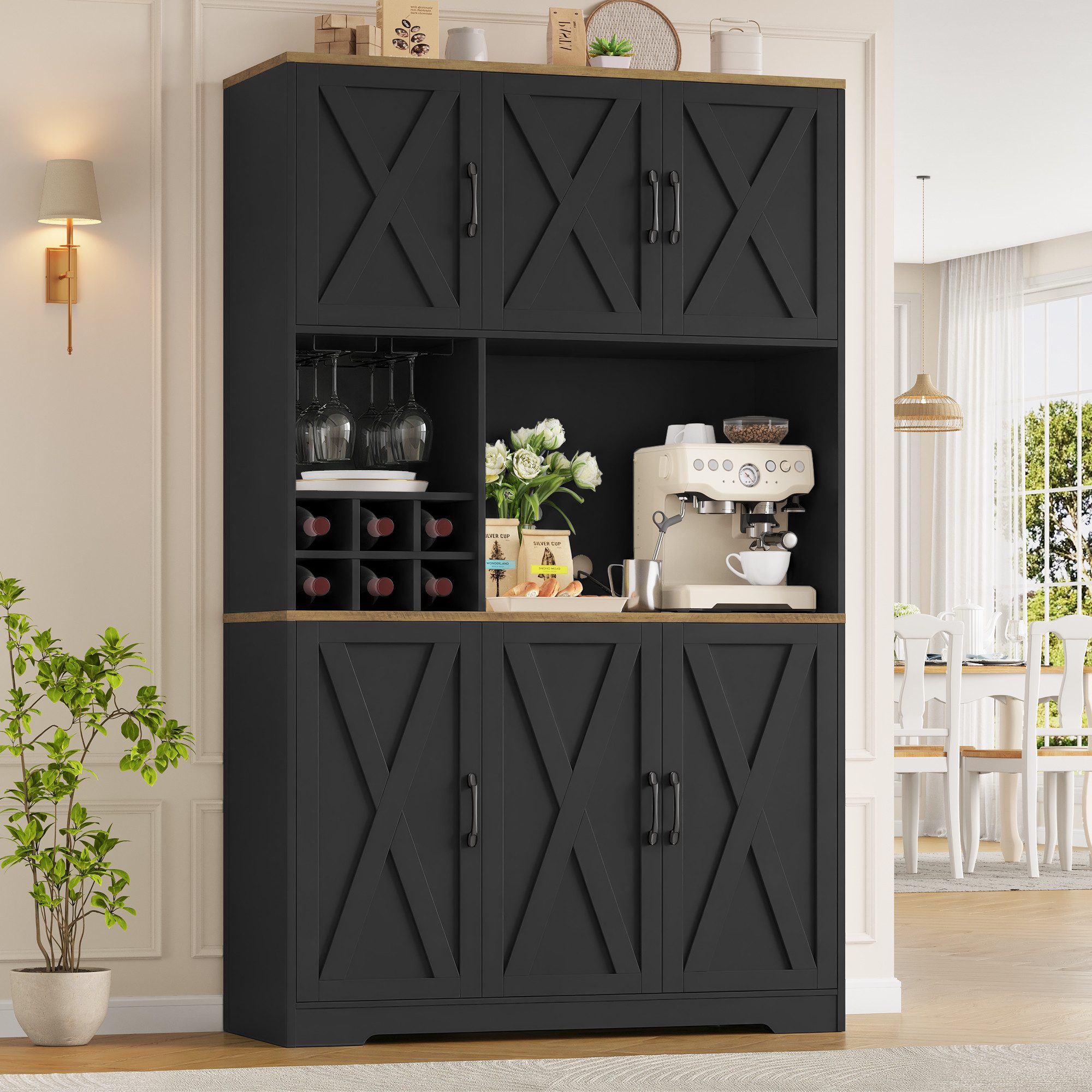 HOMECHO Küchenbuffet Küchenschrank mit Arbeitsplatte Buffetschrank mit 6 Türen Flaschenhalter und Glashalter 180x106x37cm – Bild 2 von 5
