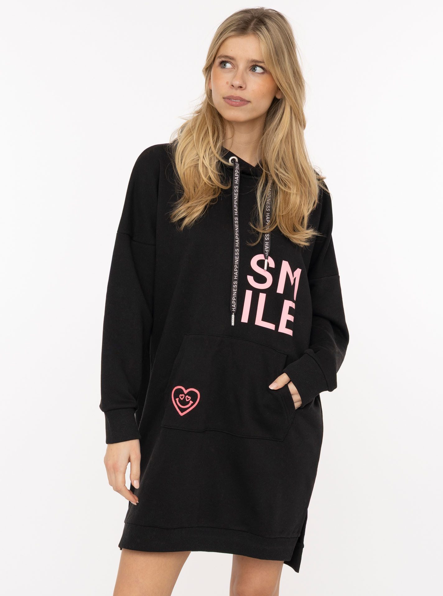 Zwillingsherz Sweatkleid "Alissa" Kapuze, Kängurutasche, Neon-Details, Print