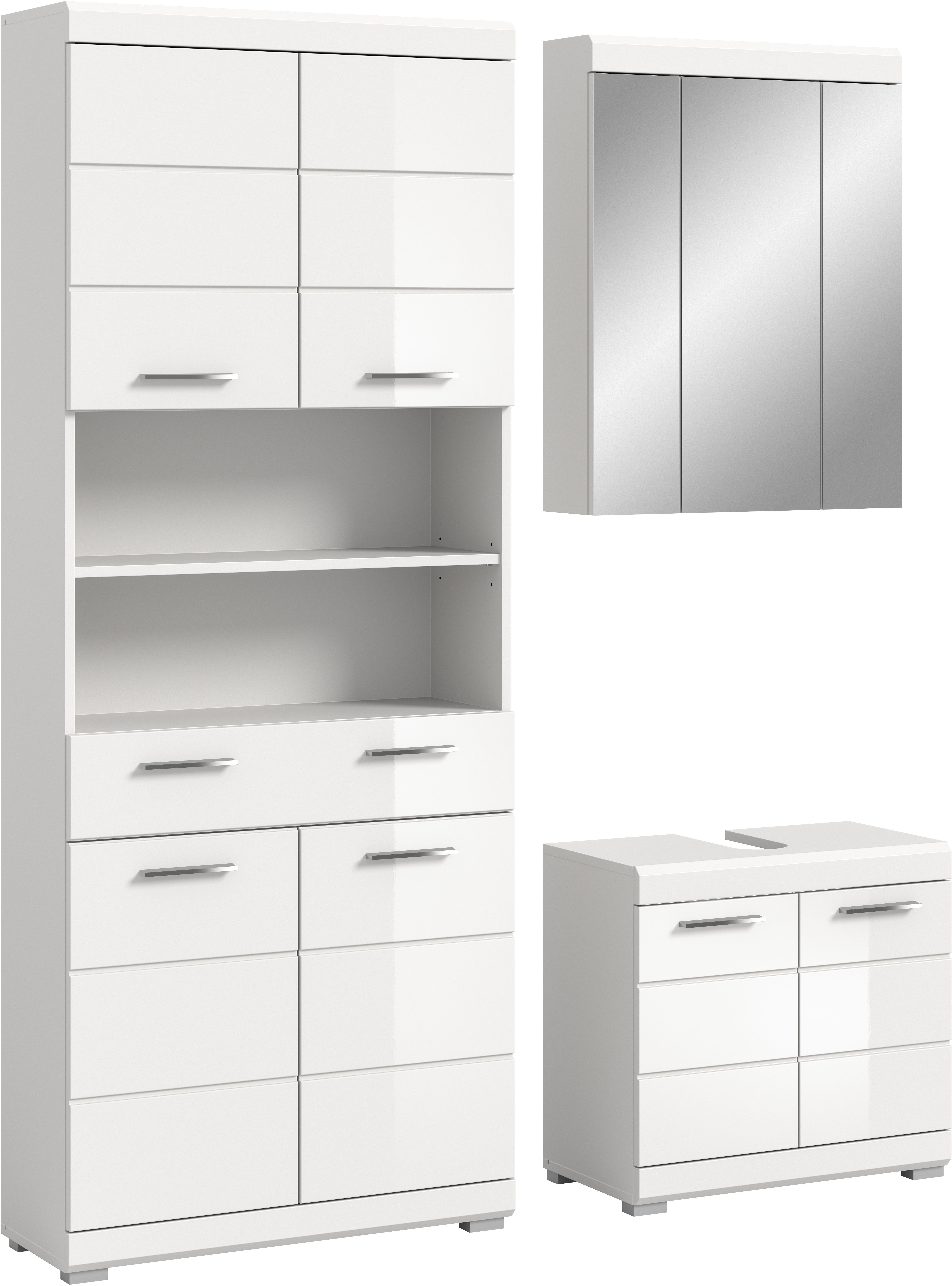 INOSIGN Badmöbel-Set SIENA, TOPSELLER!, Breite 149cm, 3-teiliges Set, (Set, 3-St., bestehend aus: Hochschrank, Waschbeckenunterschrank & Spiegelschrank), Kombination, Badkombination, Bad-Set, Badezimmerschrank, Bad, Schrank