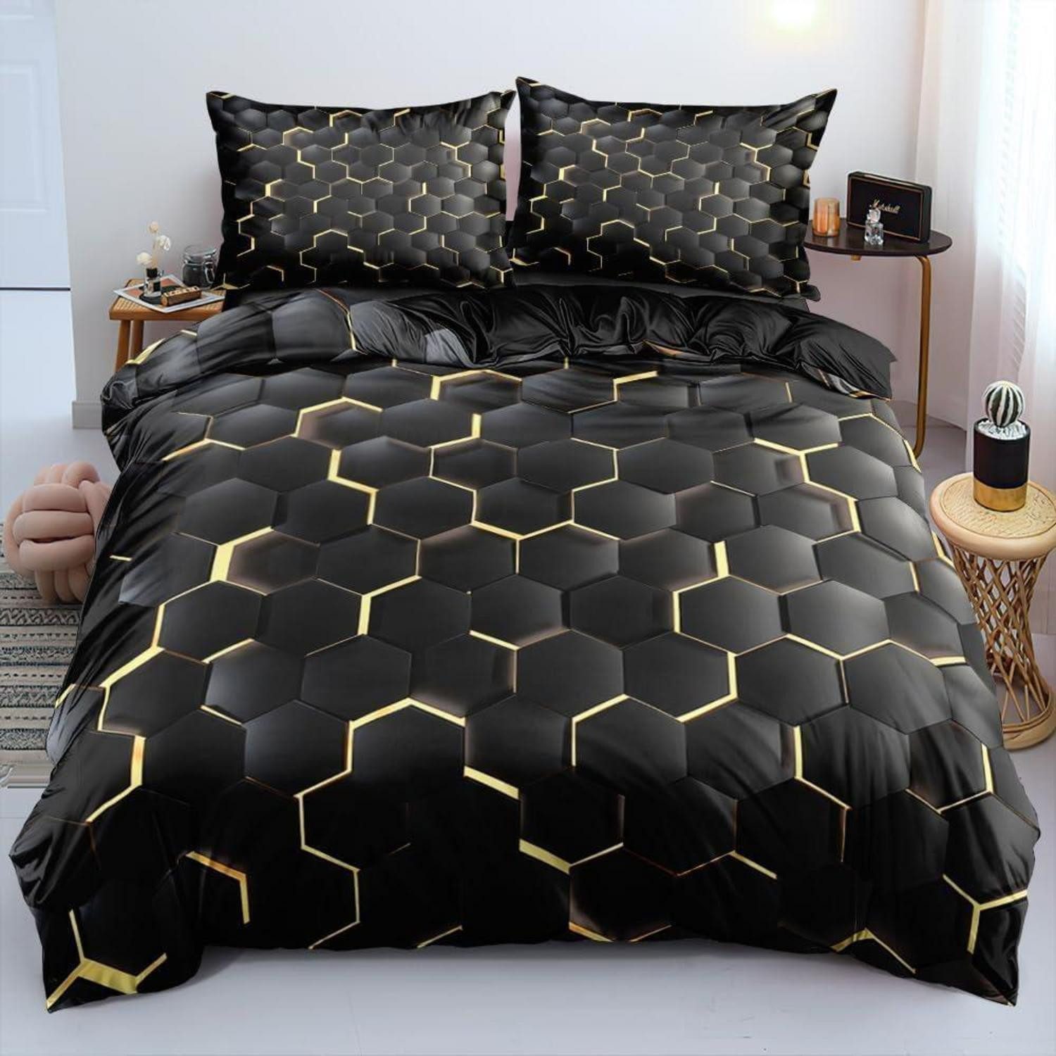 LuxusKollektion Bettwäsche Bettwäsche-Set 4-tlg. 135x200cm Schwarz Gold Waben