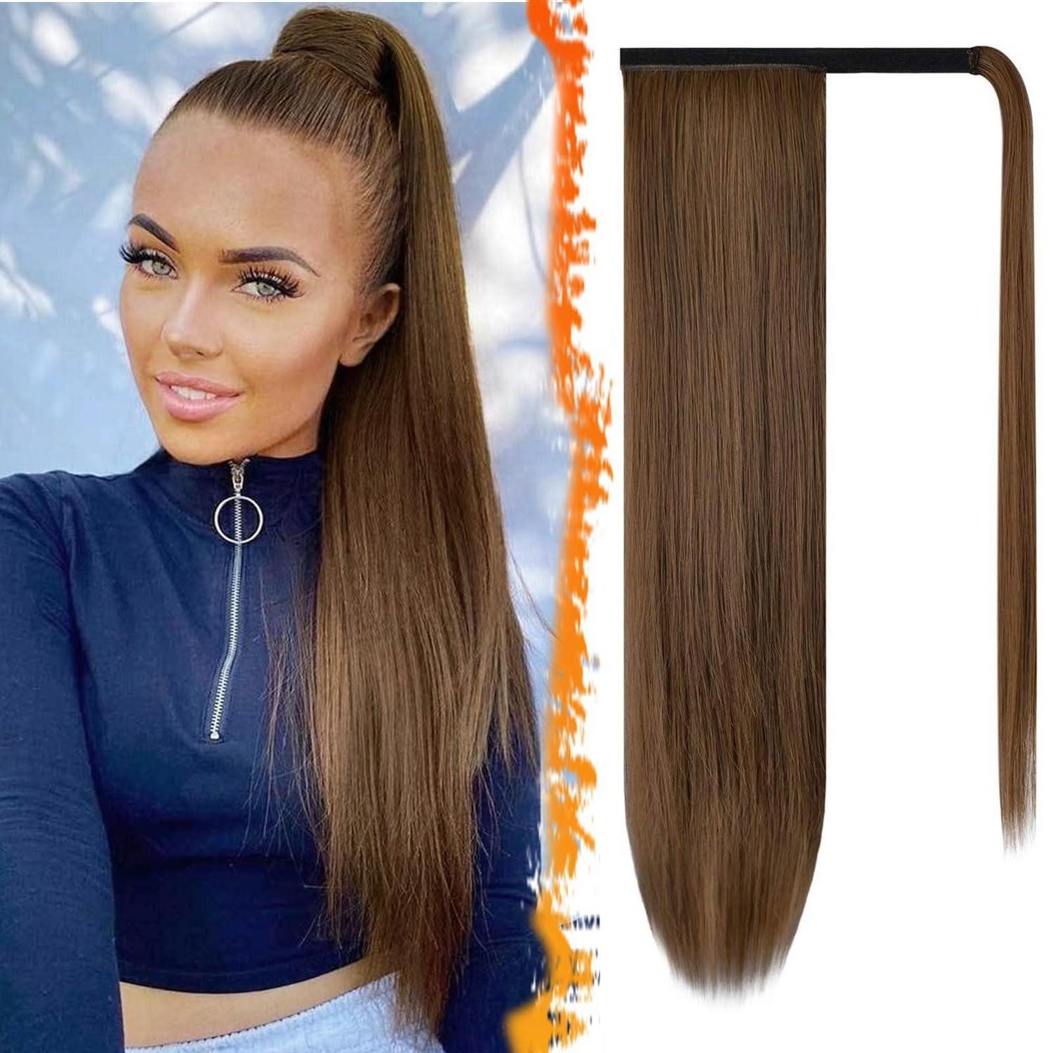 LuxusKollektion Kunsthaar-Extension Pferdeschwanz Haarteil Clip 76cm Dunkelbraun mit Auburn Evenly