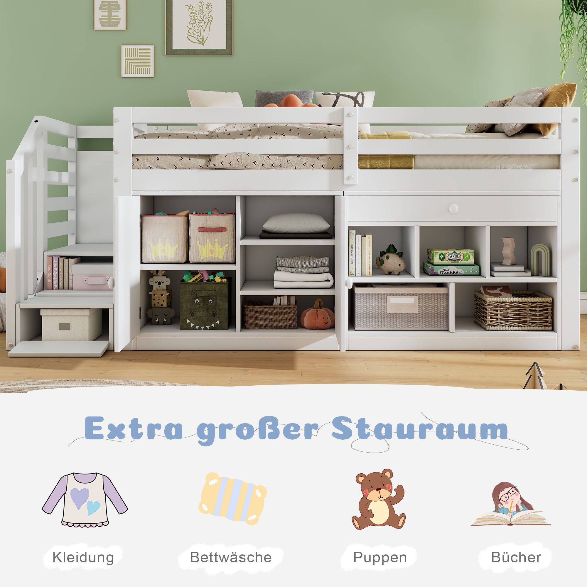 Flieks Hochbett Massivholz Kinderbett mit Schrank, Treppe und Leiter 90x200 günstig online kaufen