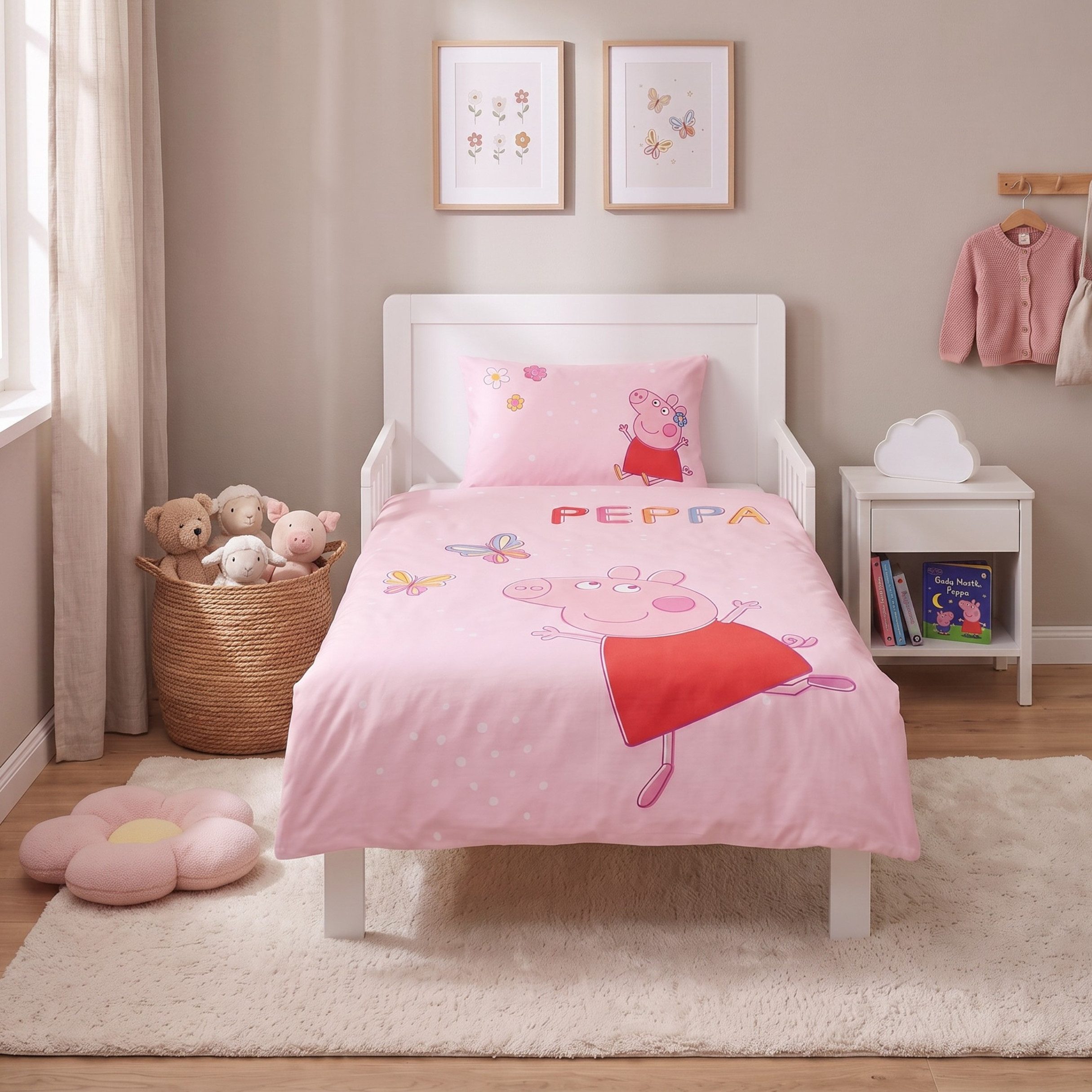 MTOnlinehandel Kinderbettwäsche Peppa Pig 100x135 + 40x60 cm, 100 % Baumwolle, 2 teilig, Babybettwäsche, Wende-Motiv mit Peppa Wutz, Schmetterling, rosa