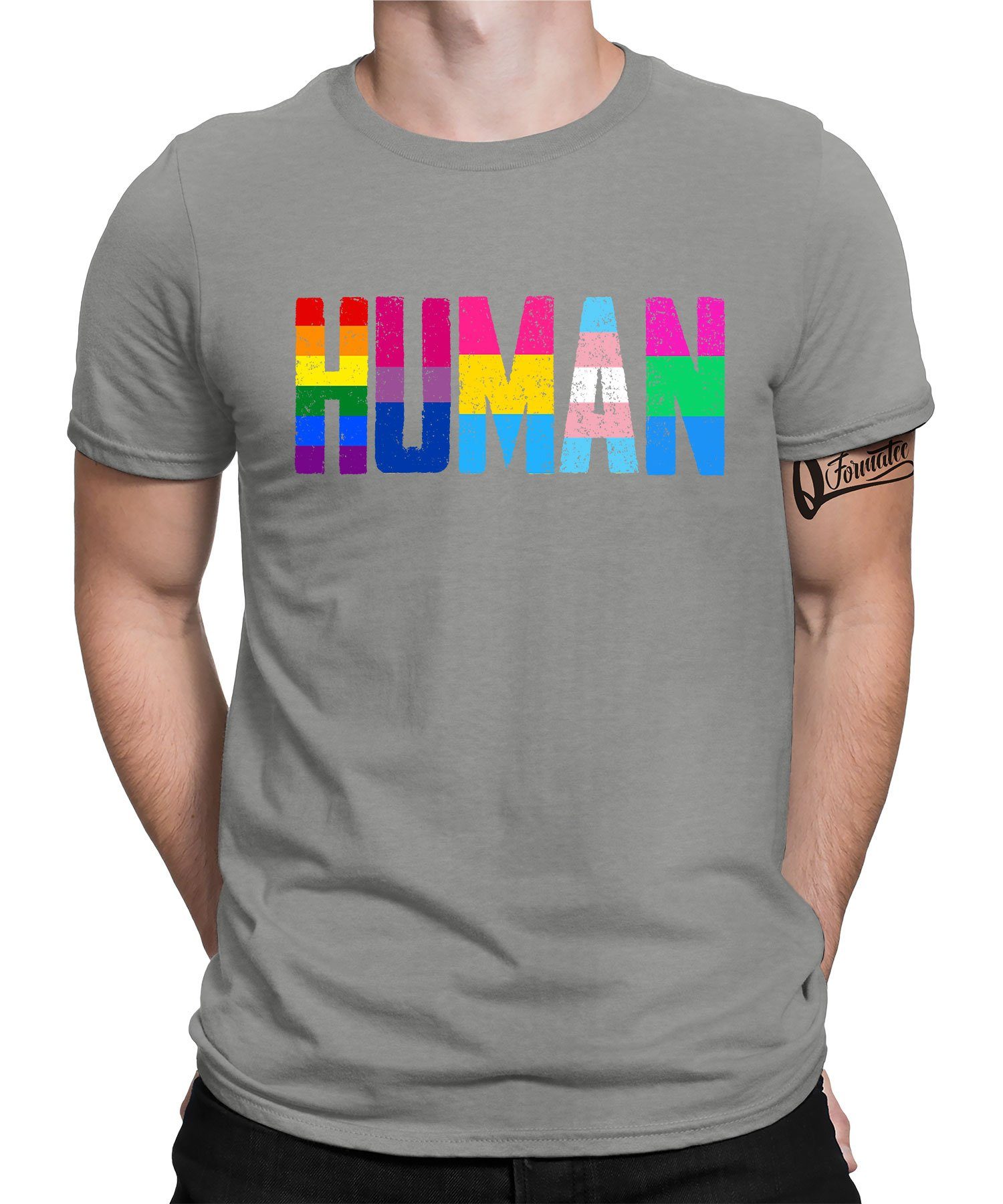 Quattro Formatee Kurzarmshirt Human - Stolz Regenbogen LGBT Gay Pride Herren T-Shirt (1-tlg) Heather Grau