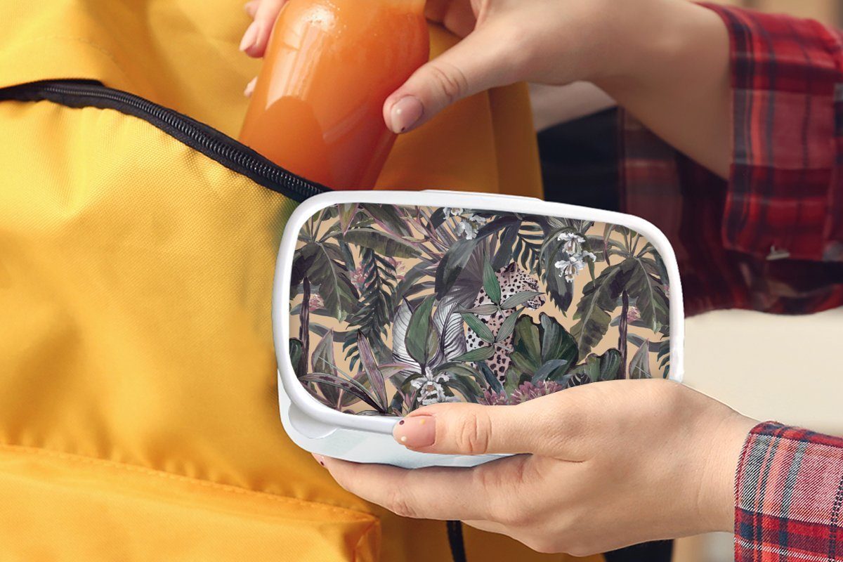 MuchoWow Lunchbox Vintage - Dschungel Muster, Mädchen weiß und Erwachsene, Kunststoff, Brotdose, Panther - und Kinder Jungs Brotbox (2-tlg), für - für