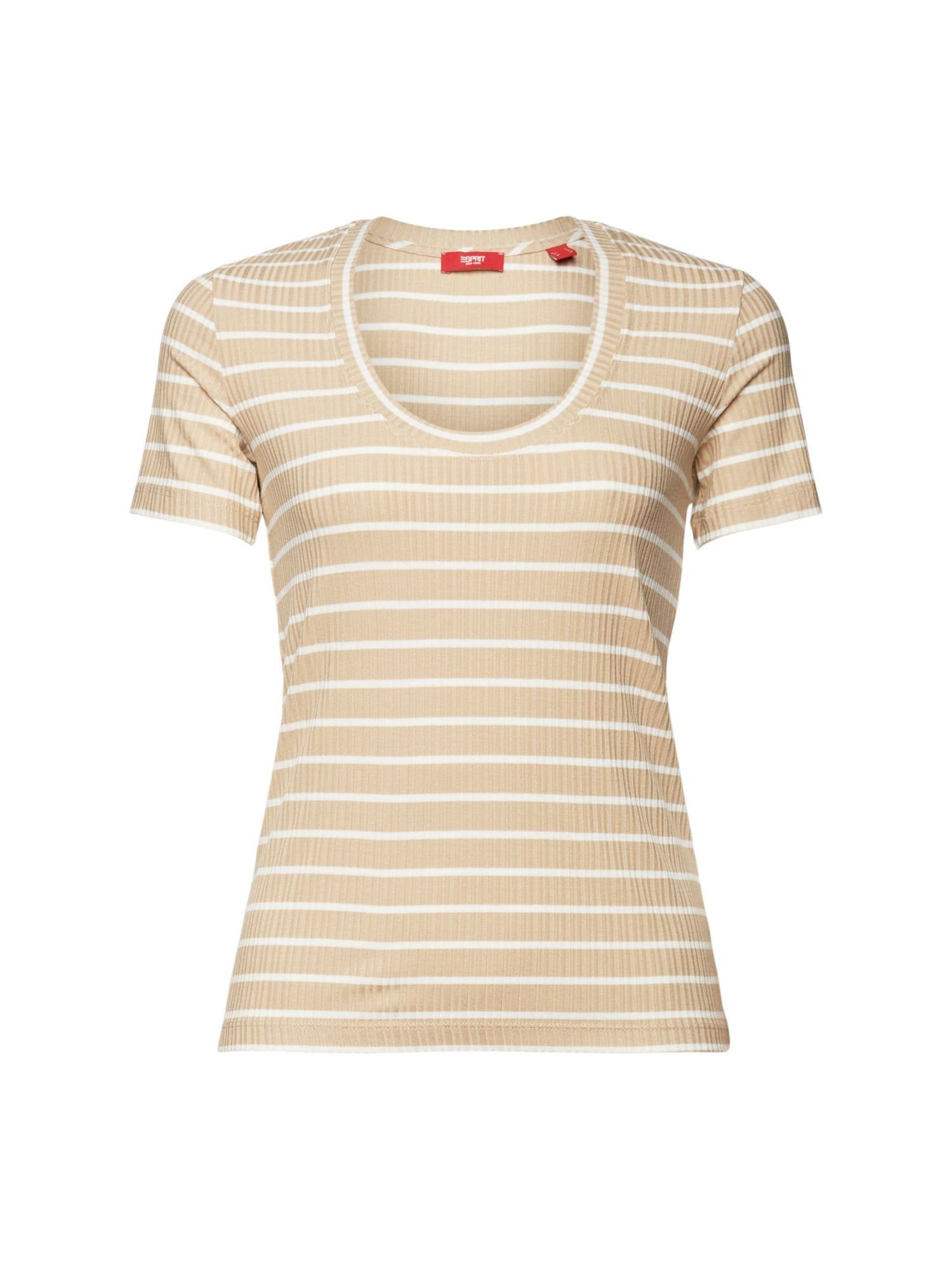 Esprit Collection Rippstrick T-Shirt gestreiftem aus (1-tlg) SAND T-Shirt