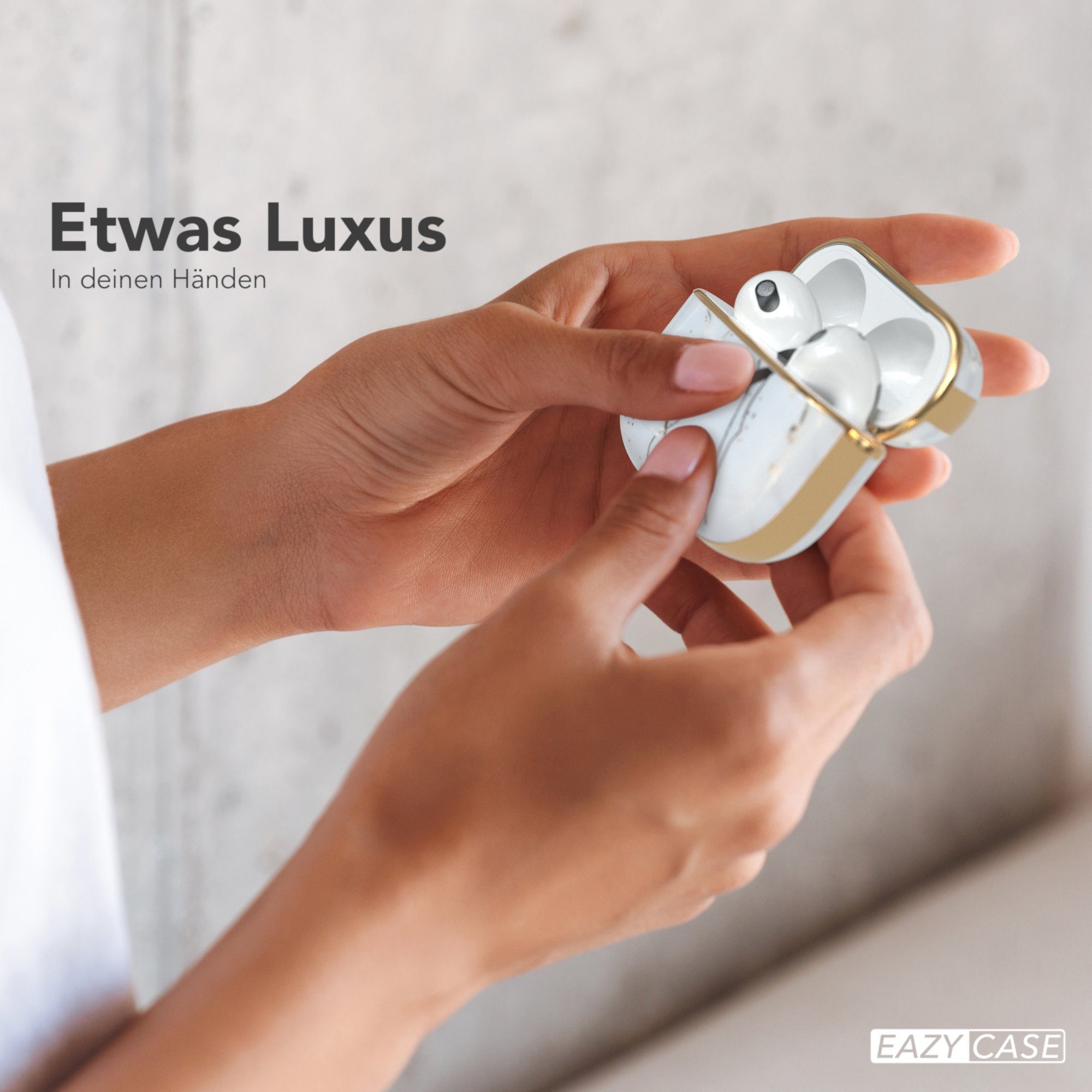 EAZY CASE Kopfhörer-Schutzhülle IMD Motiv Case kompatibel mit Apple AirPods 3, Hardcover Box Schutzhülle Rutschfestes Etui Hülle Stoßfest Weiß / Gold