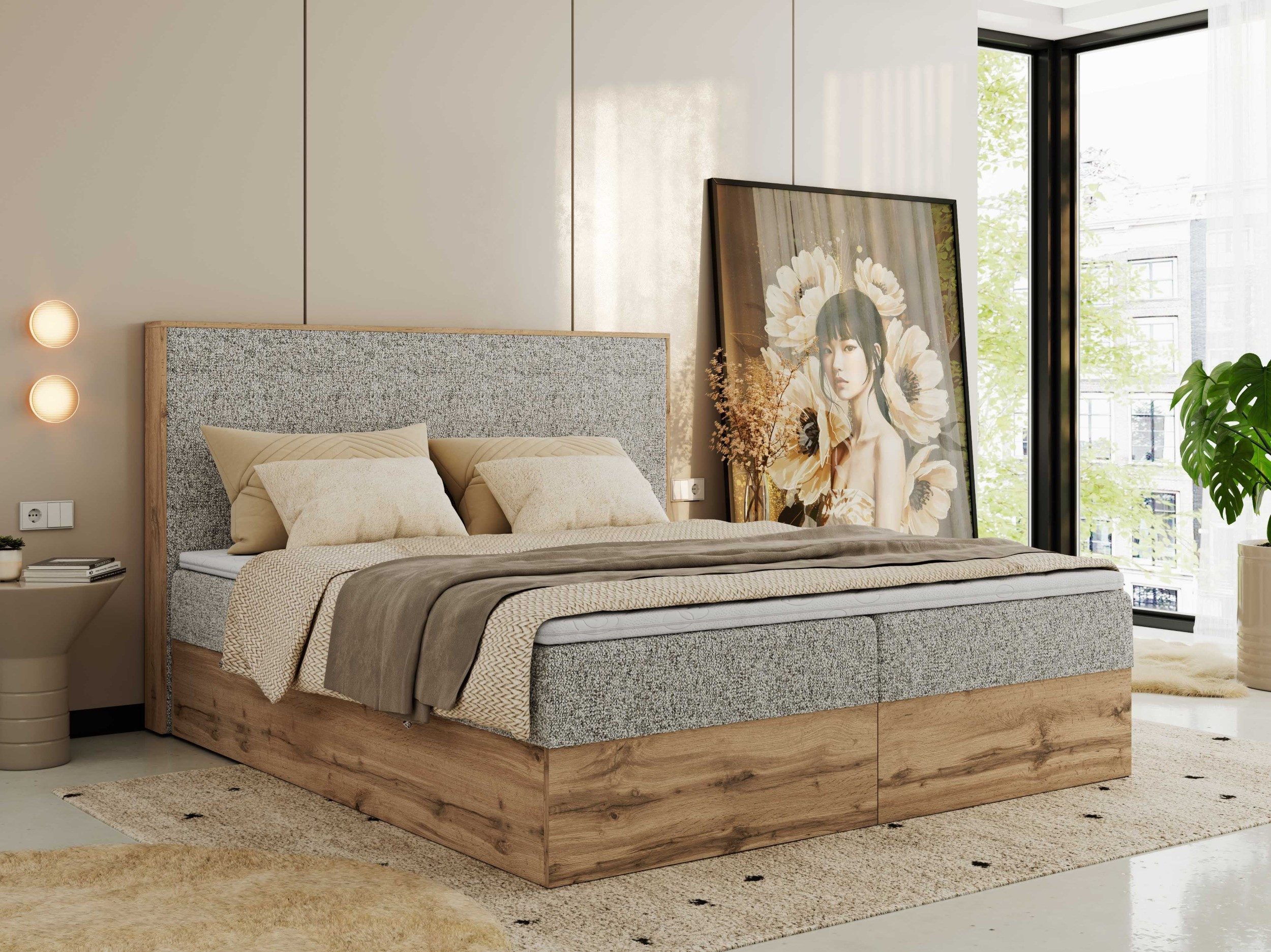 MKS MÖBEL Boxspringbett WOOD CLASSIC (Packung, Set, Topper T25/Visco, hohe Kopfteil, Multipocket-Matratze), Doppelbett, Stauraum, Möbelplattenelementen