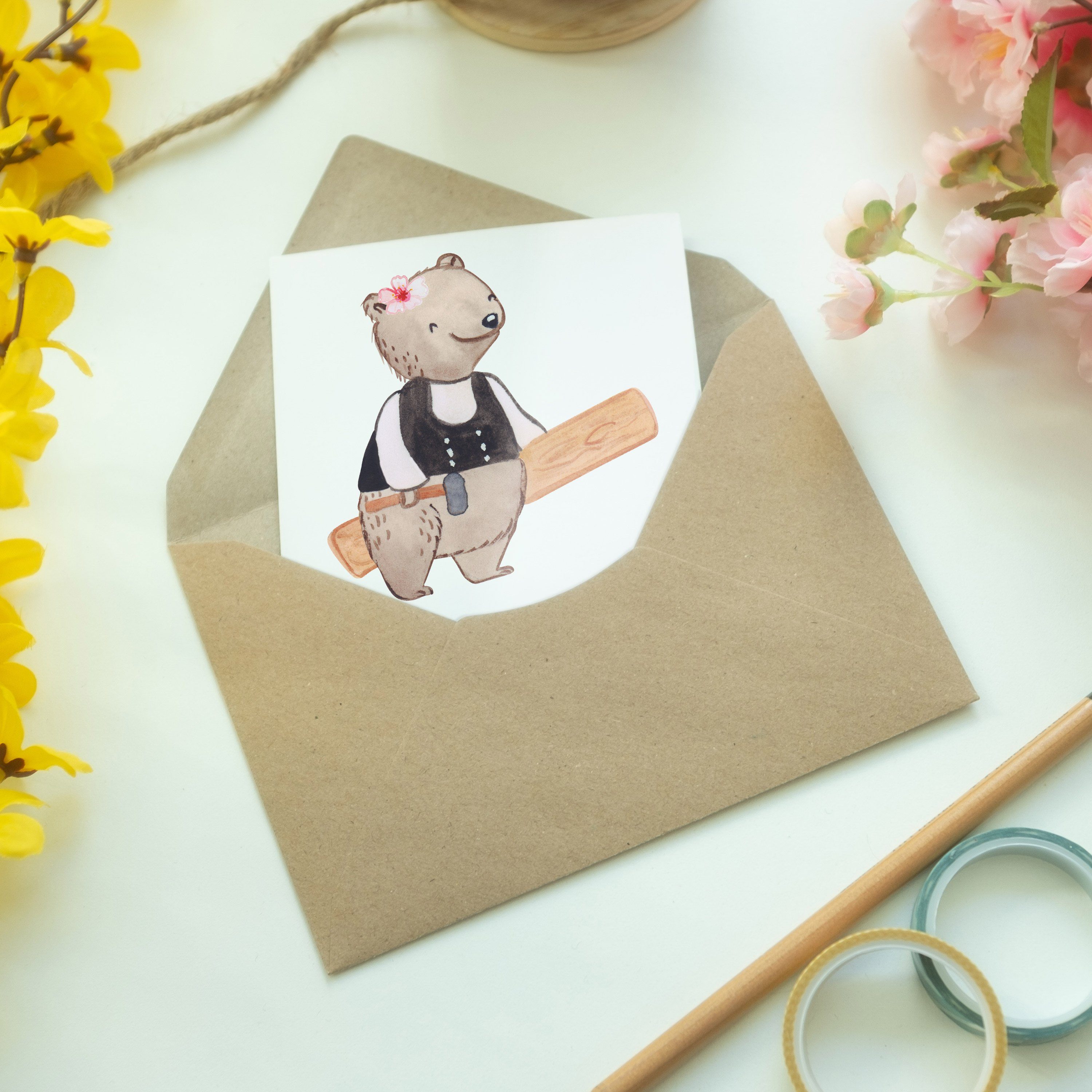 Mr. & Mrs. Panda mit - Schenken, Herz Geschenk, Zimmerfrau - F Karte, Weiß Grußkarte Klappkarte