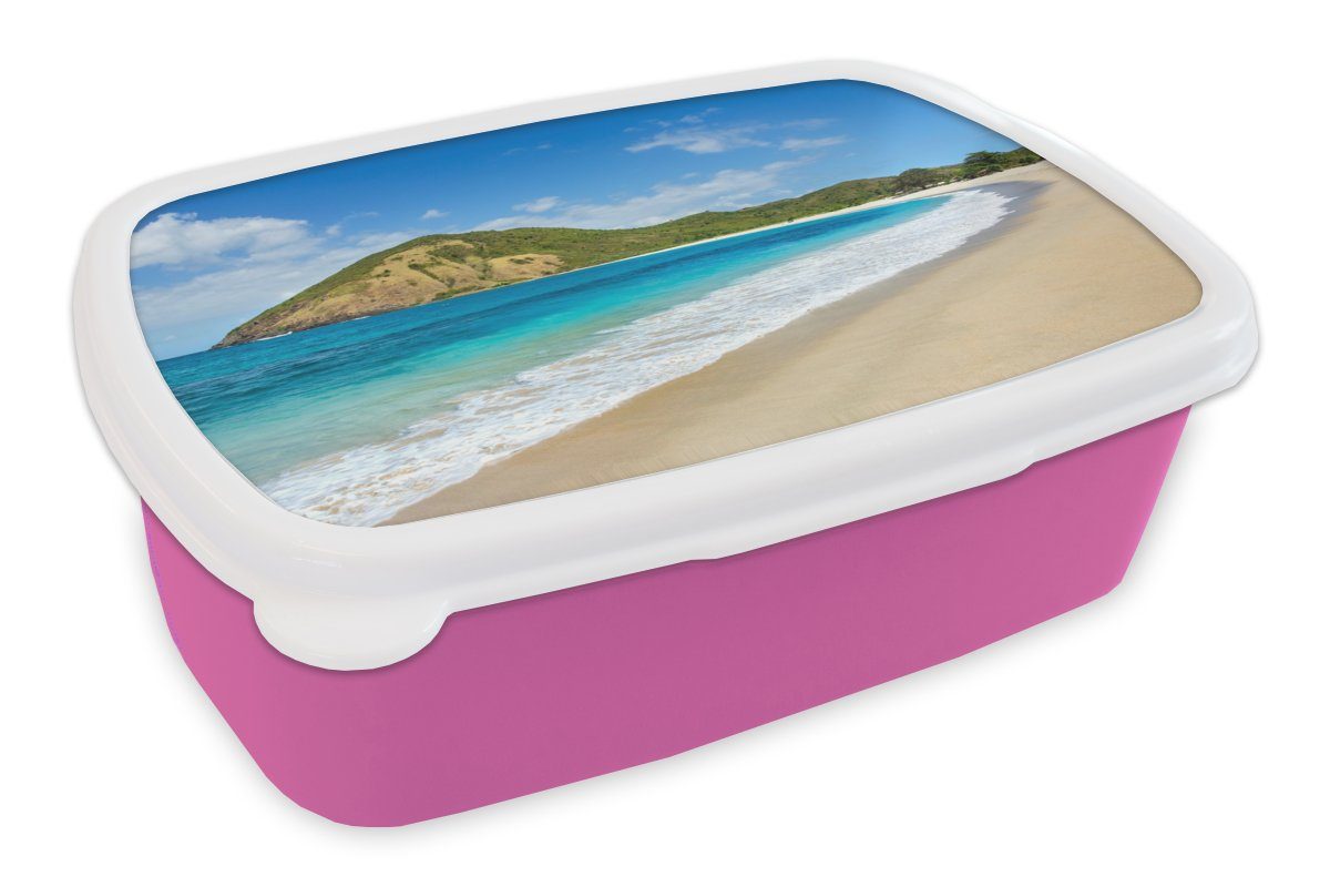 MuchoWow Lunchbox Meer - Brotbox Snackbox, Kunststoff Tropen - - Erwachsene, Brotdose Kunststoff, für (2-tlg), Mädchen, Kinder, Strand Pflanzen, rosa