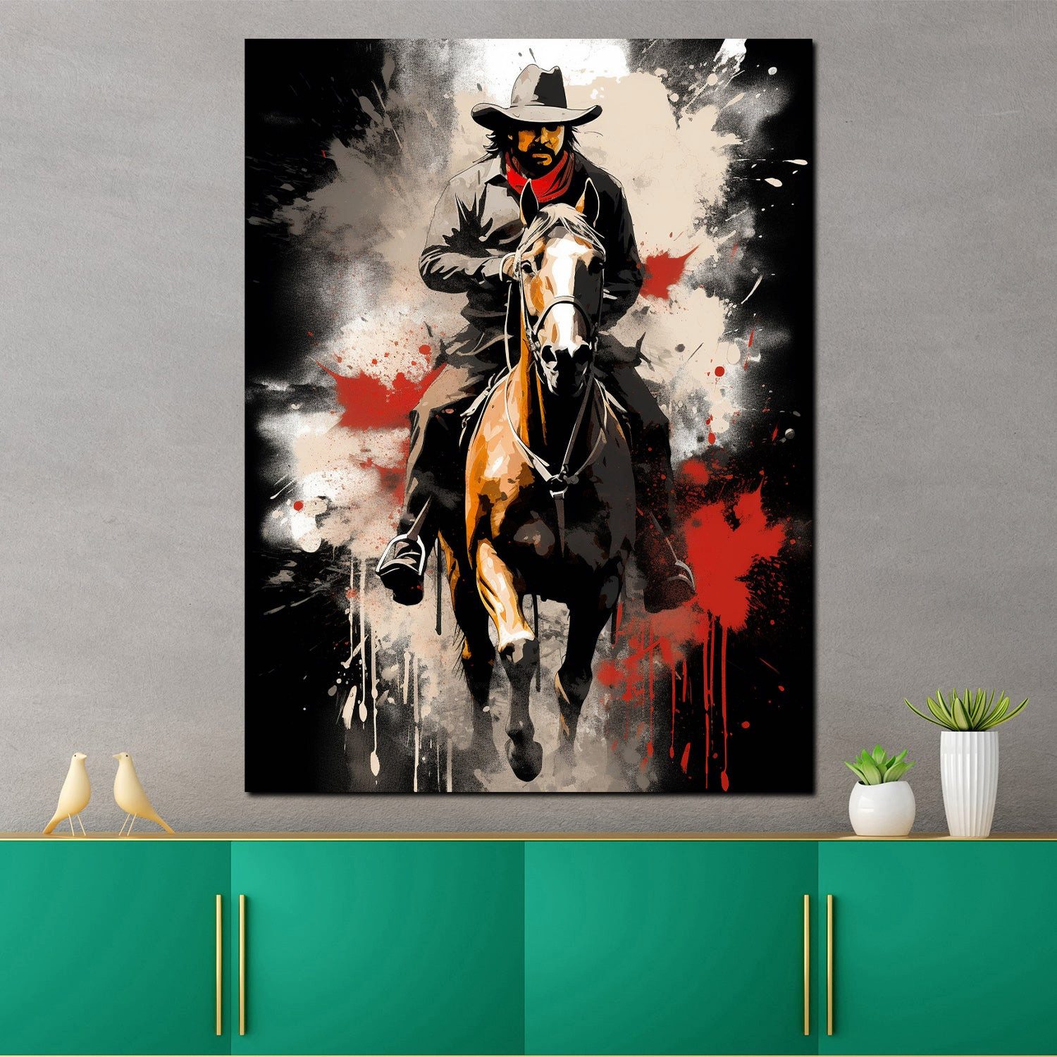 Artedinoi Leinwandbild Western Cowboy auf Pferd Dark Style Leinwandbild Wandbild XXL, Cowboy auf Pferd, dunkel