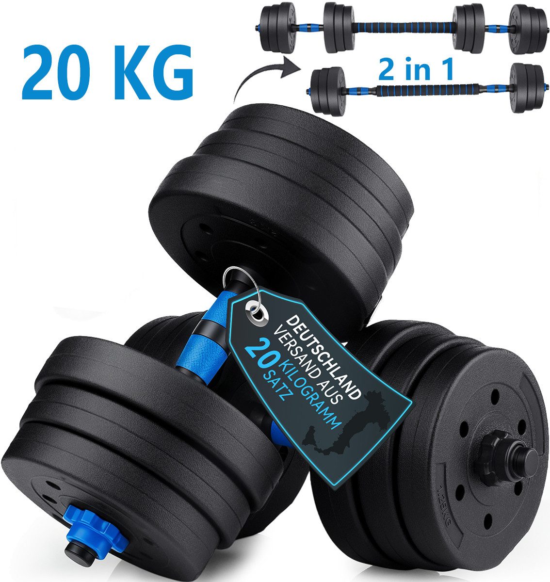 kehot Hantel-Set Hantelset 20kg Verstellbar Kurzhantel für Zuhause, (2-in-1 Kurzhantel & SZ-Stange mit Verbindungsteil, 4 Verstellbare Kurzhanteln + 2 Griffe + Verbindungsstange & Muttern), PVC Zement Hantelscheiben Robust, Fitness Muskeltraining Zuhause