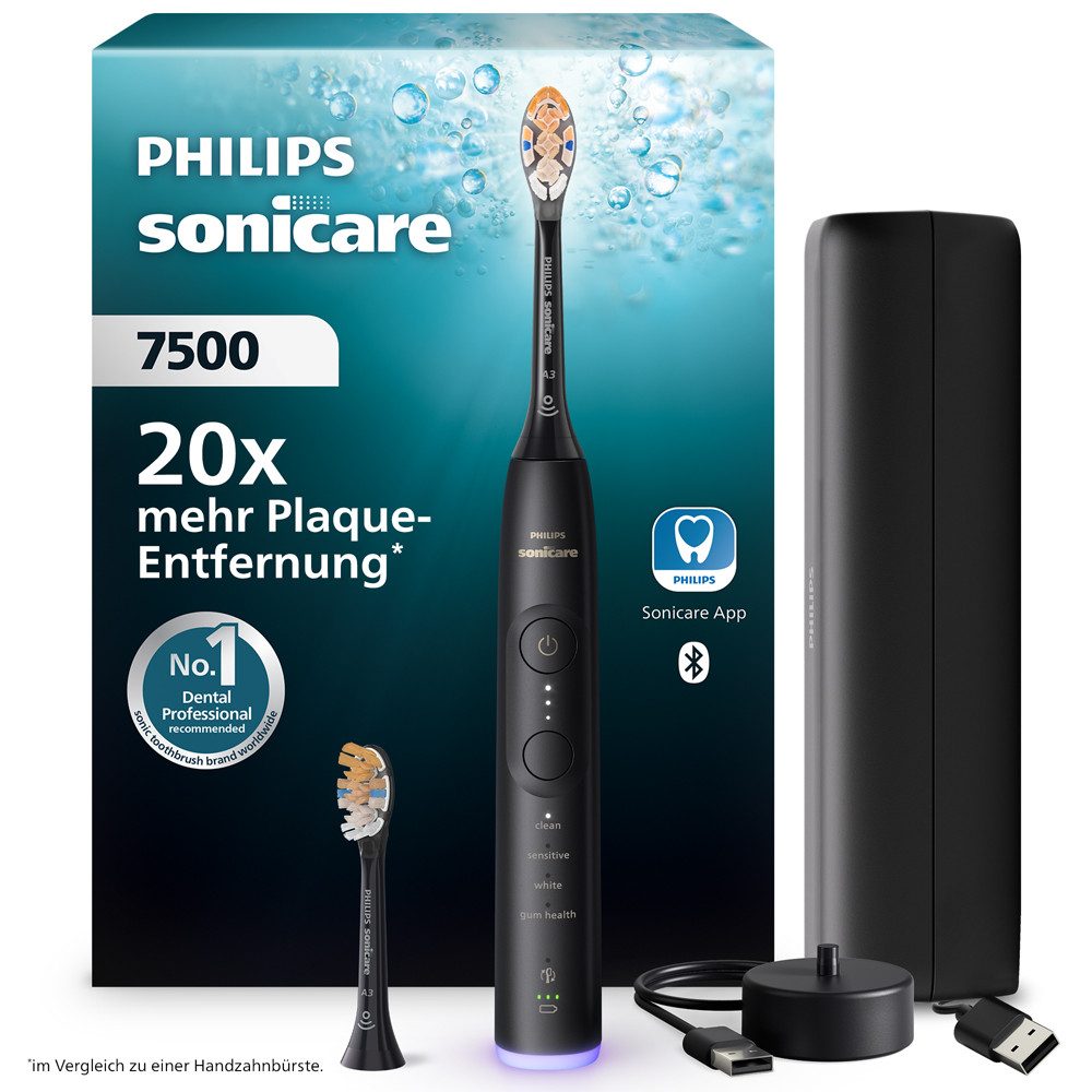 Philips Sonicare Elektrische Zahnbürste Series 7500, Aufsteckbürsten: 2 St., mit Drucksensor und 3 Intensitätsstufen, inkl. Reiseladeetui