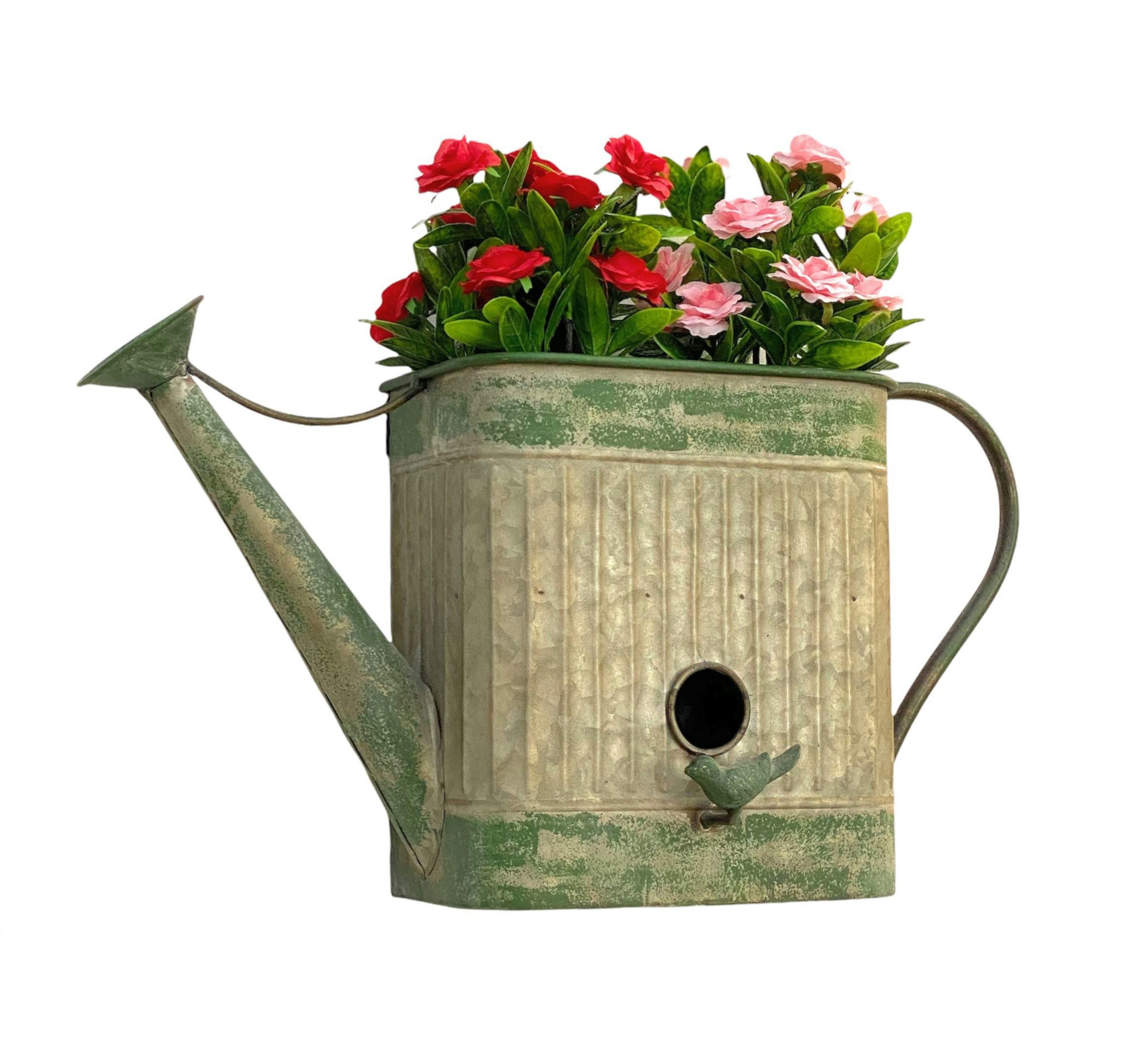 DanDiBo Vogelhaus mit Blumentopf zum Aufhängen Metall Deko Gießkanne Vogelhäuschen, für die Wand & zum Aufstellen wetterfest 481999