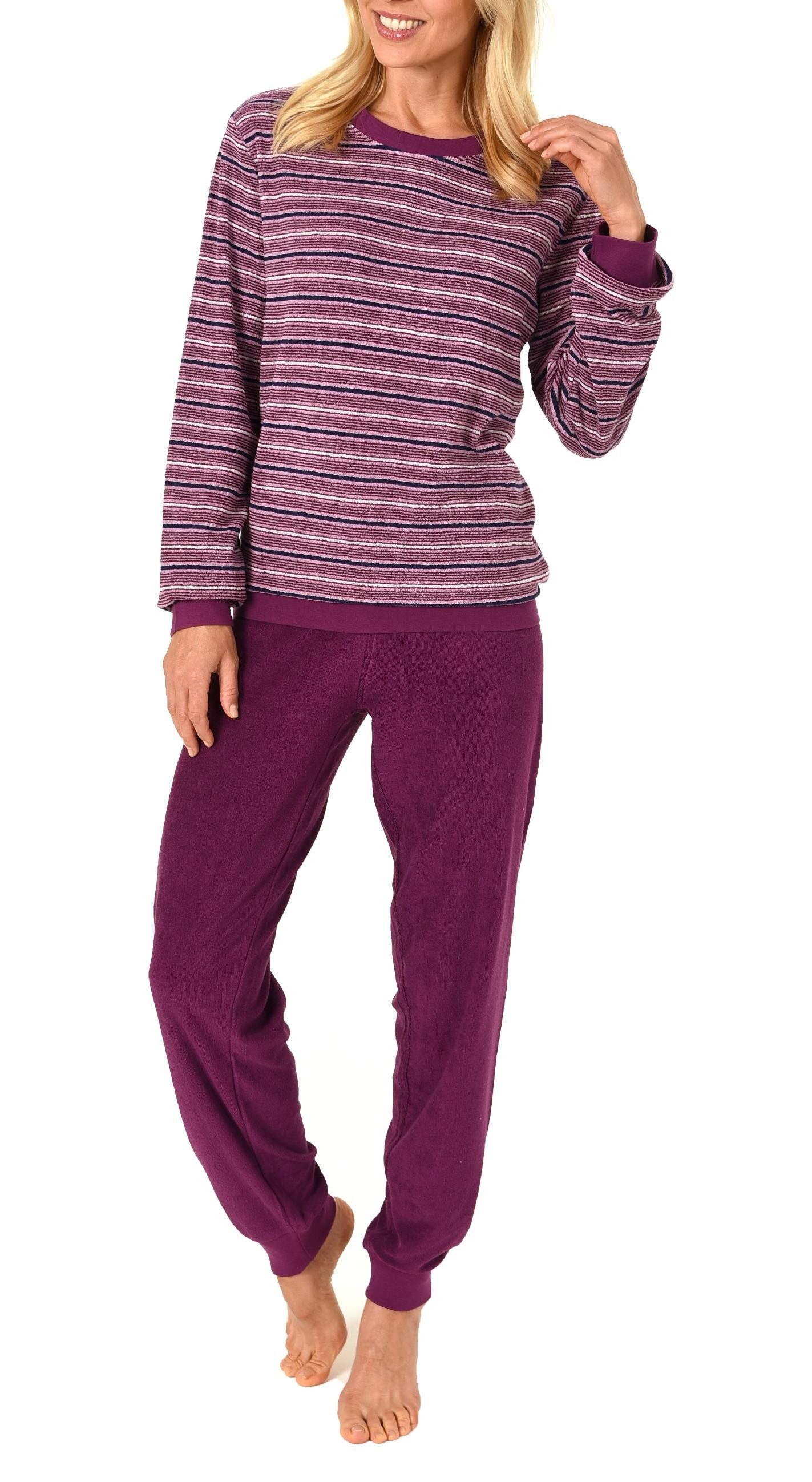 Pyjama Damen Frottee Pyjama langarm Schlafanzug mit Bündchen Streifenoptik