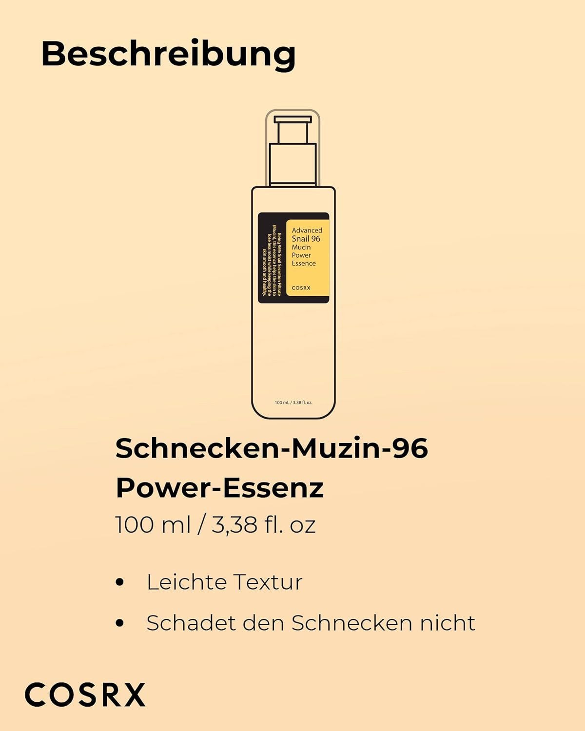Cosrx Gesichtsserum Advanced Snail Power Essence 96 %, Korean Skincare - 100 ml, ideal als Teil der täglichen Hautpflegeroutine, Intensiv regenerierend, feuchtigkeitsspendend, beruhigend