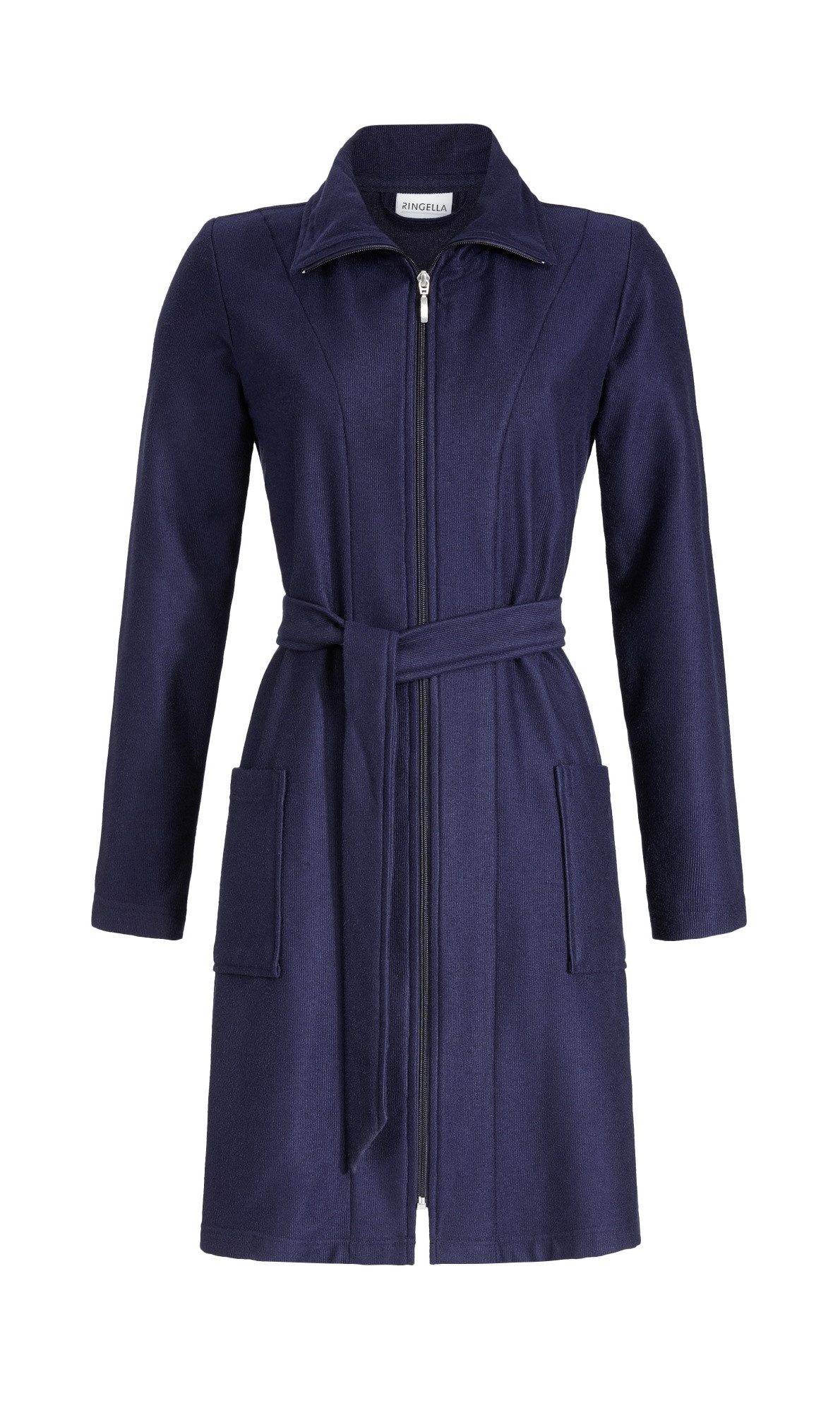 Ringella Damenbademantel aus Frottee mit Reißverschluß und Bindegürtel, knielang, Kragen, Reißverschluß, Formstabil & pflegeleicht