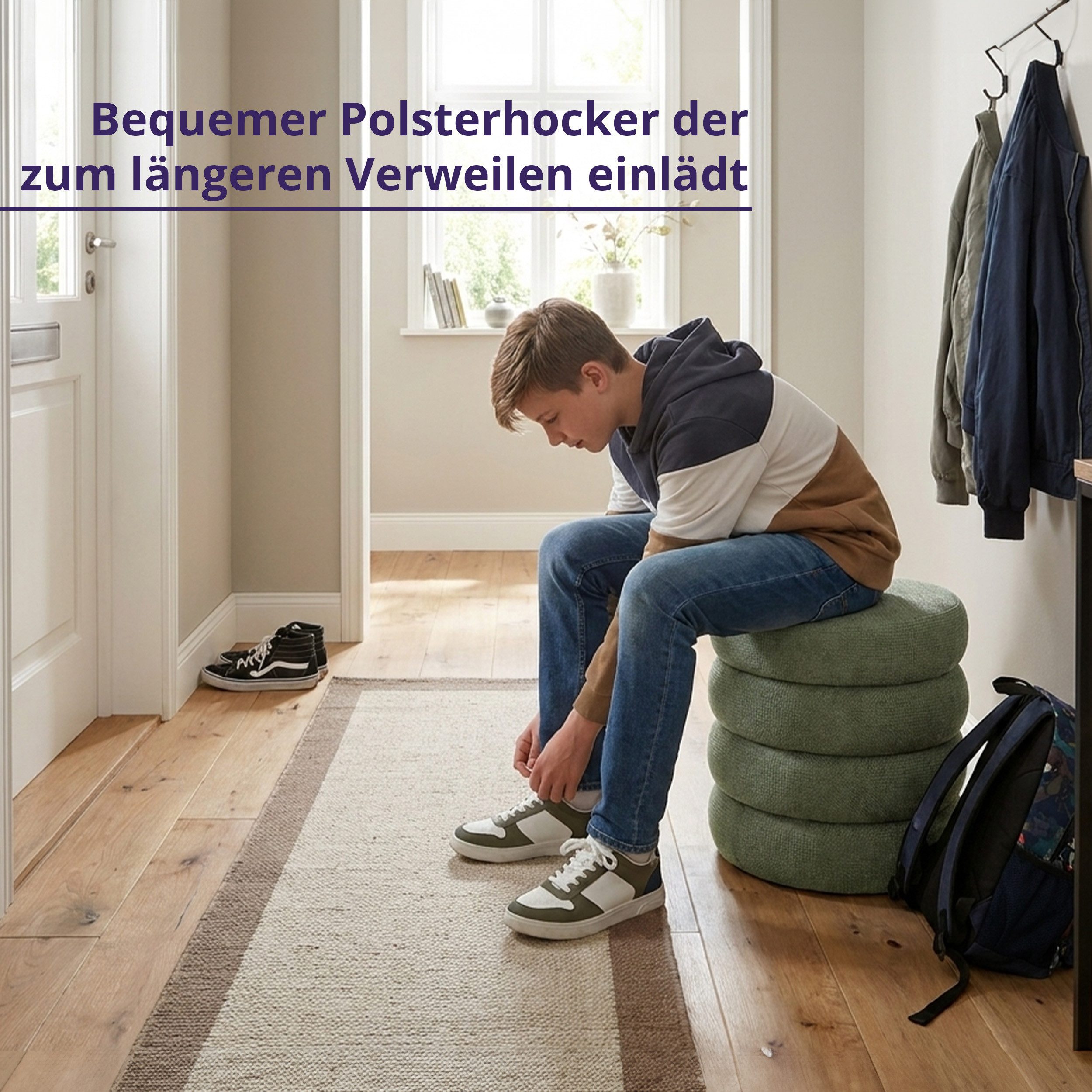 KHG Polsterhocker Sitzhocker mit Stauraum 43 x 43 cm, Webstoff Grün (Indoor-Hocker), Sitzfläche abnehmbar, Hocker mit Stauraum, bis 110 kg belastbar – Bild 4 von 5