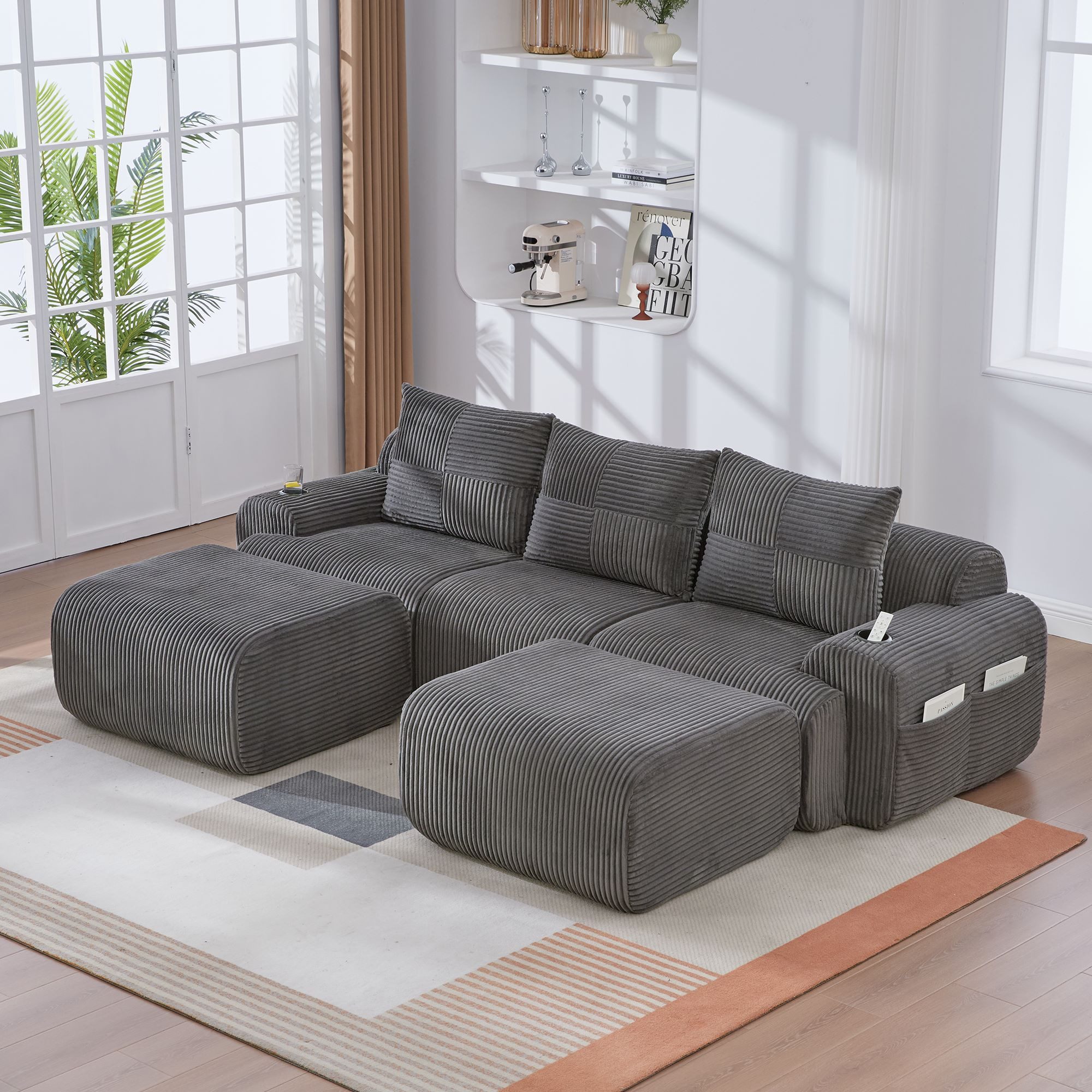 BBG Wohnlandschaft Flexible Wohnlandschaft U-Form, Ecksofa mit Getränkehalter & Tasche, 268x174 cm, Modulares Cord Sofa 3-Sitzer mit 2 Hockern